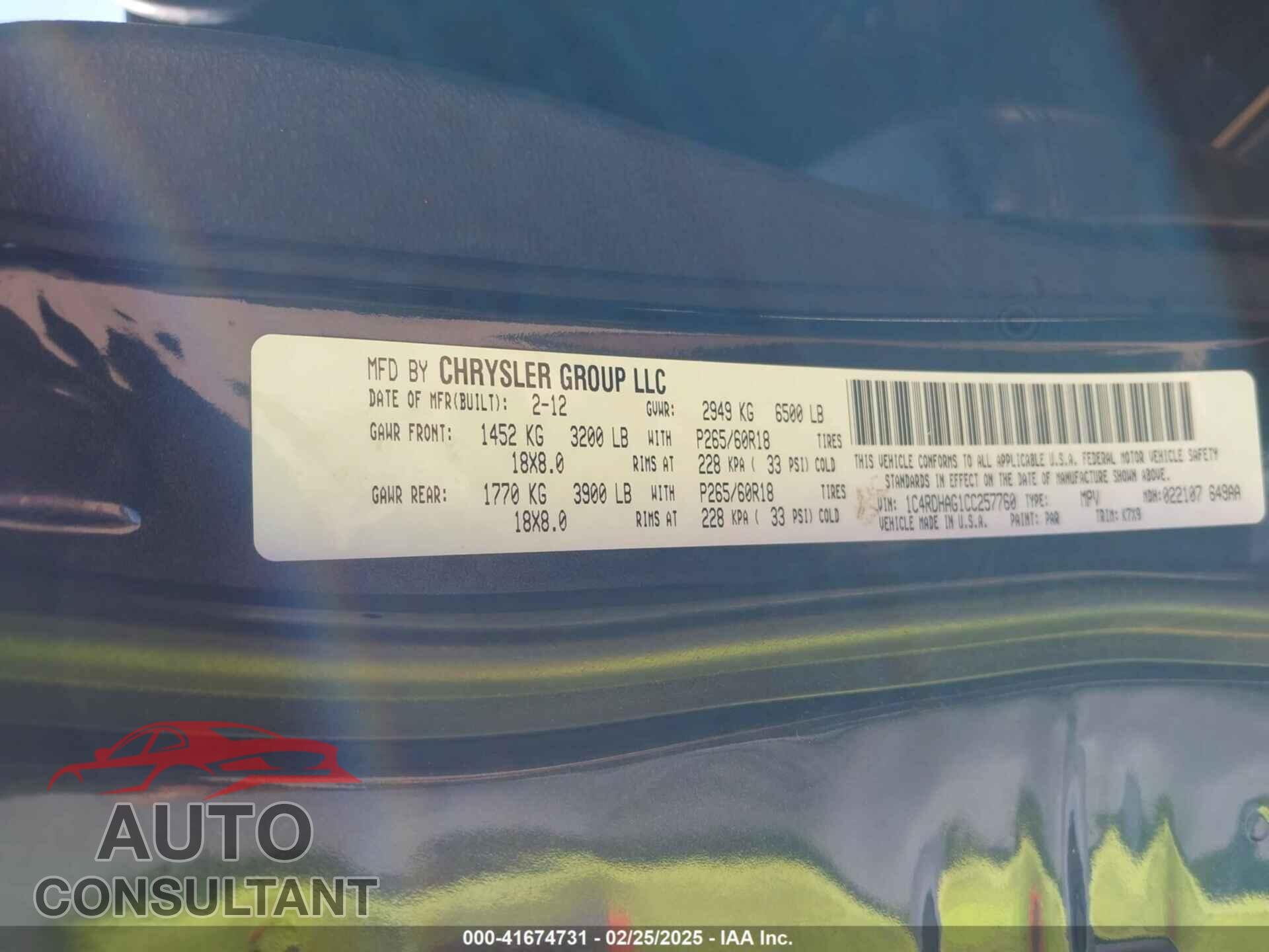 DODGE DURANGO 2012 - 1C4RDHAG1CC257760