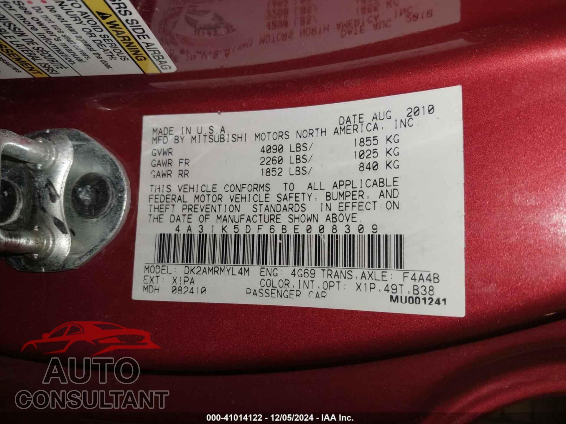 MITSUBISHI ECLIPSE 2011 - 4A31K5DF6BE008309