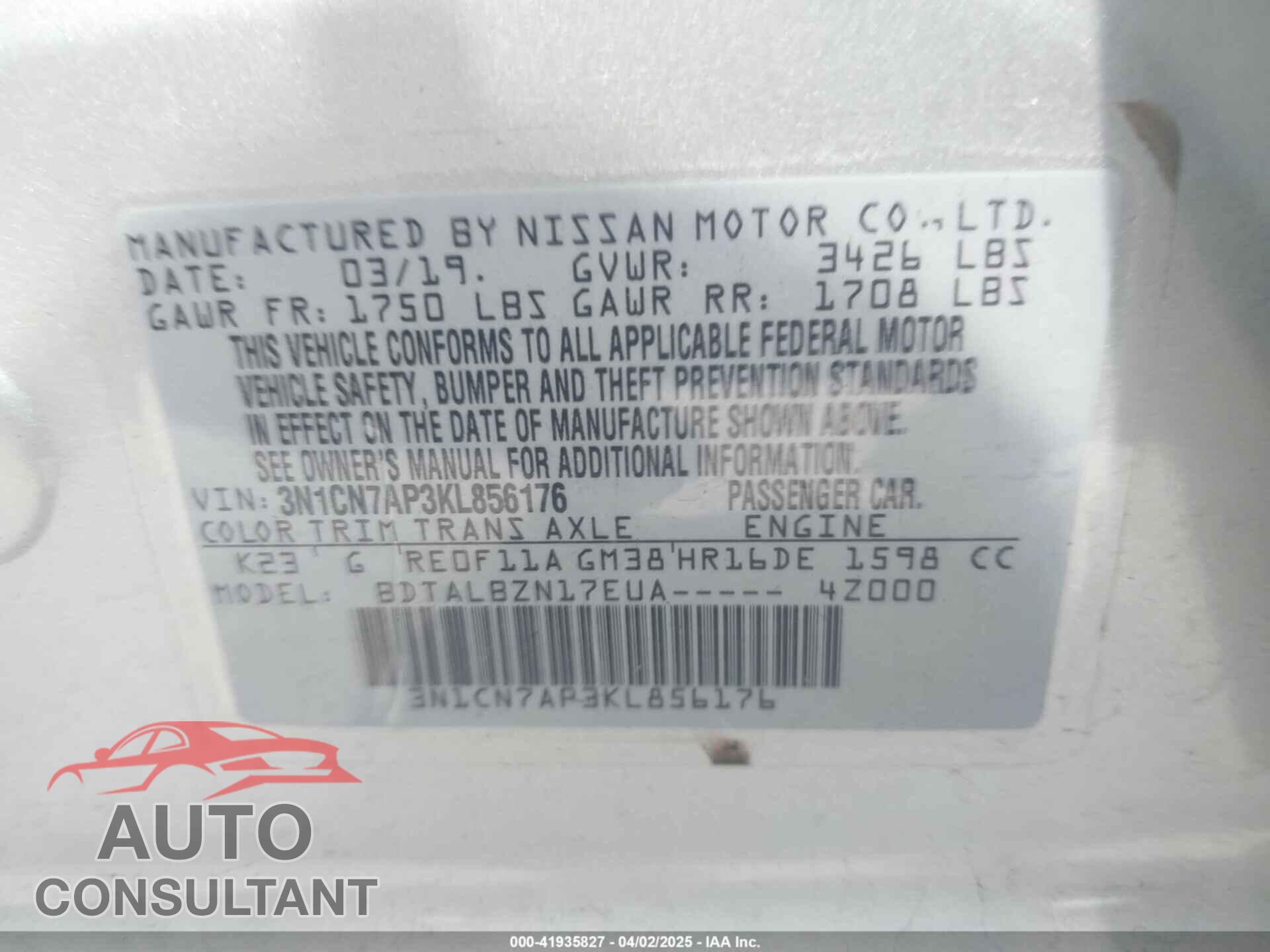 NISSAN VERSA 2019 - 3N1CN7AP3KL856176