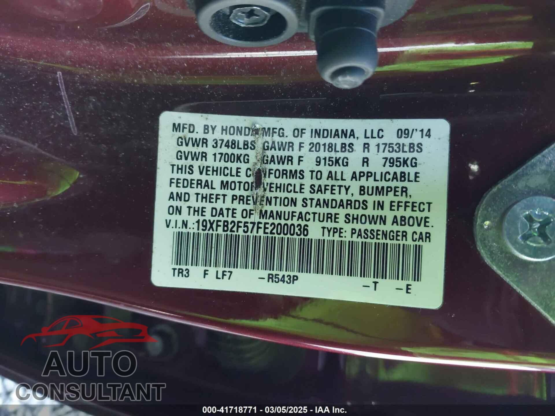HONDA CIVIC 2015 - 19XFB2F57FE200036
