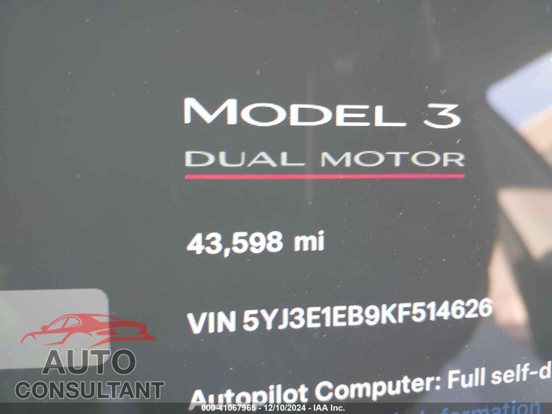 TESLA MODEL 3 2019 - 5YJ3E1EB9KF514626