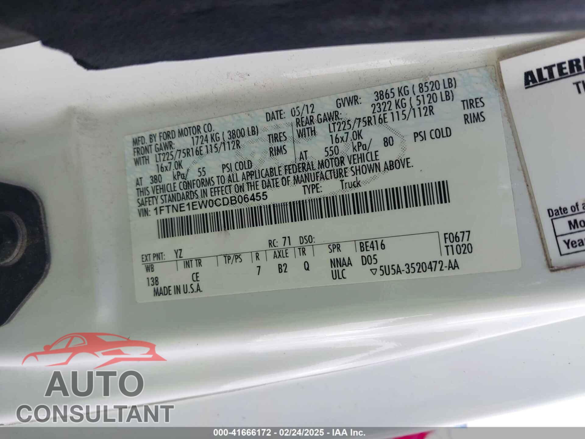 FORD E-150 2012 - 1FTNE1EW0CDB06455