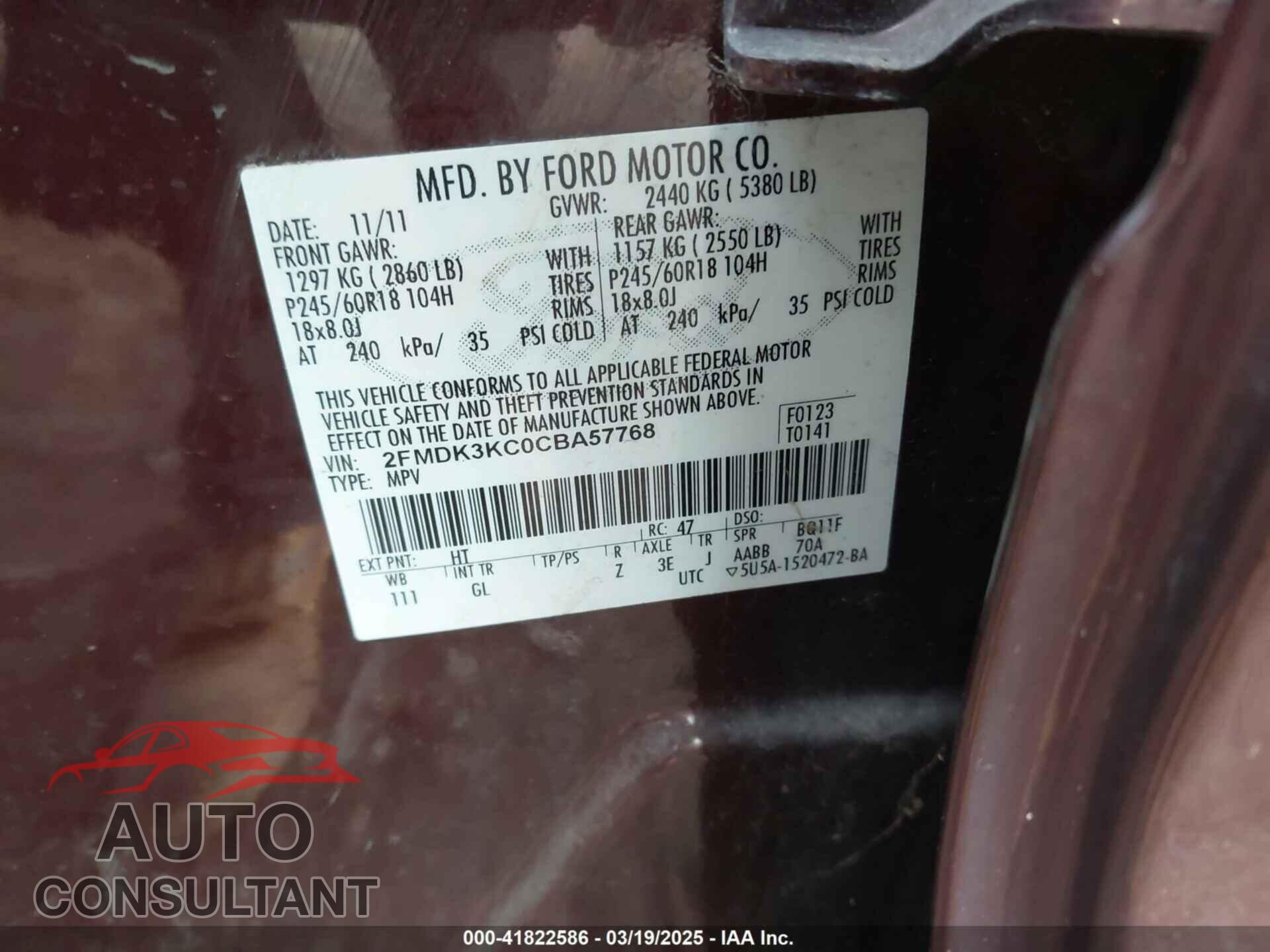 FORD EDGE 2012 - 2FMDK3KC0CBA57768