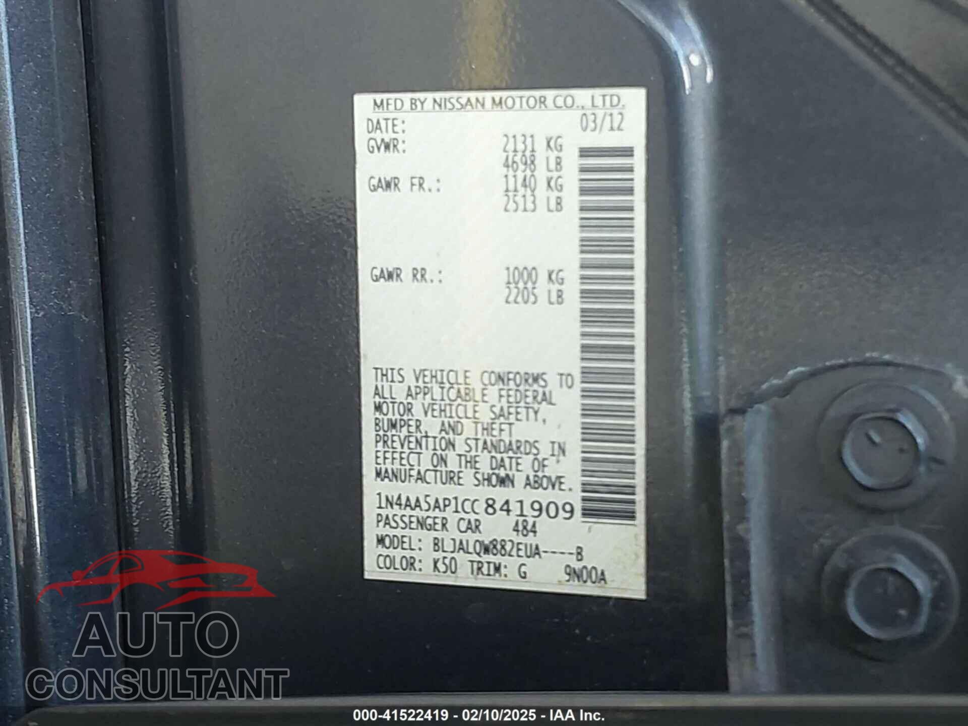 NISSAN MAXIMA 2012 - 1N4AA5AP1CC841909