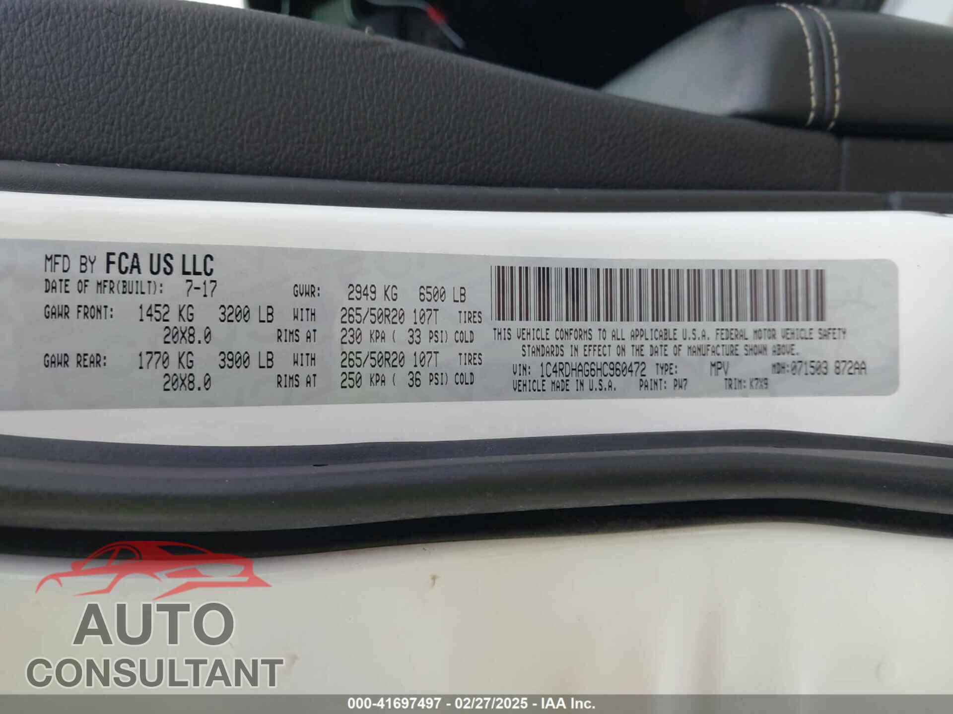 DODGE DURANGO 2017 - 1C4RDHAG6HC960472