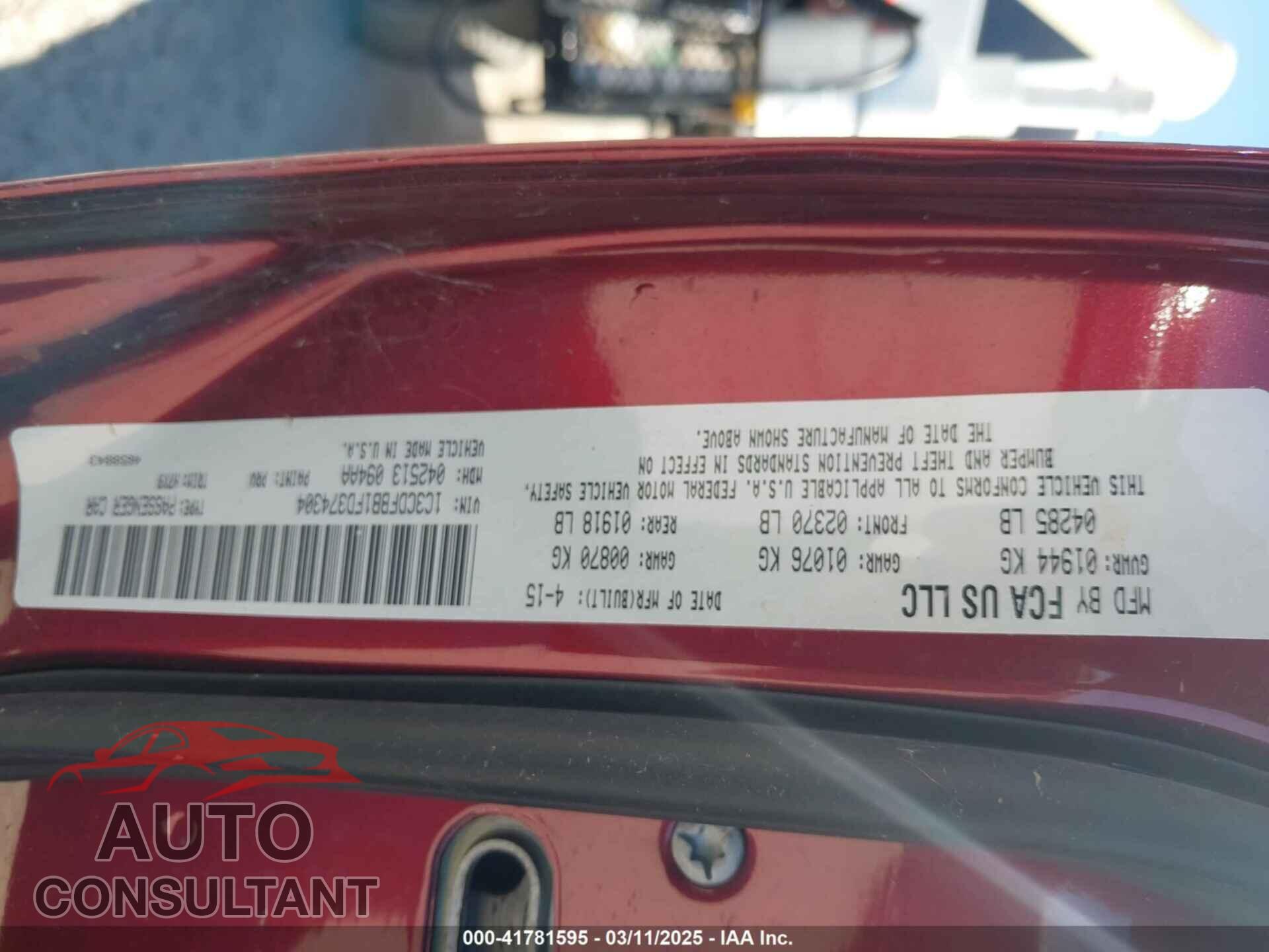 DODGE DART 2015 - 1C3CDFBB1FD374304