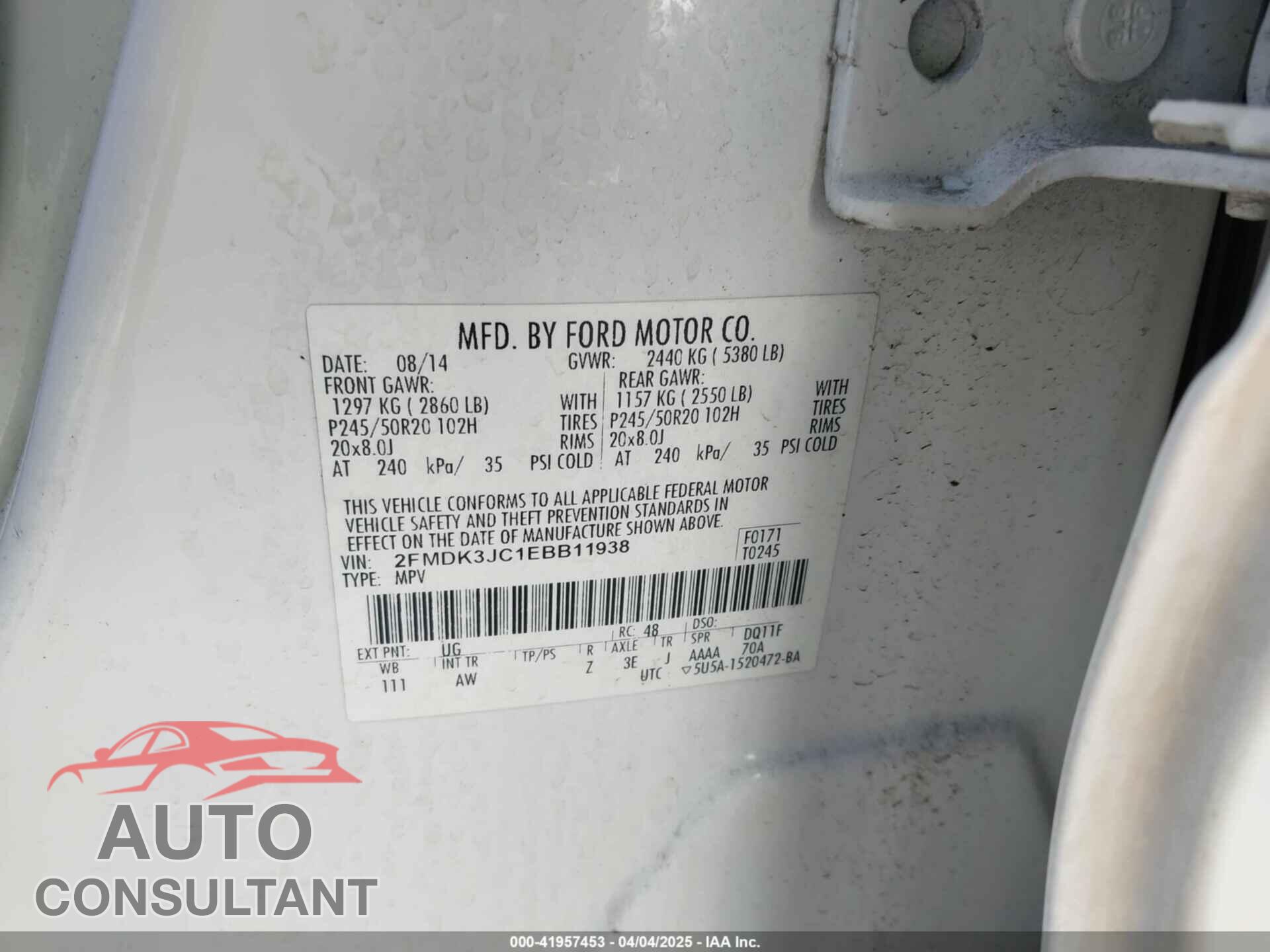 FORD EDGE 2014 - 2FMDK3JC1EBB11938