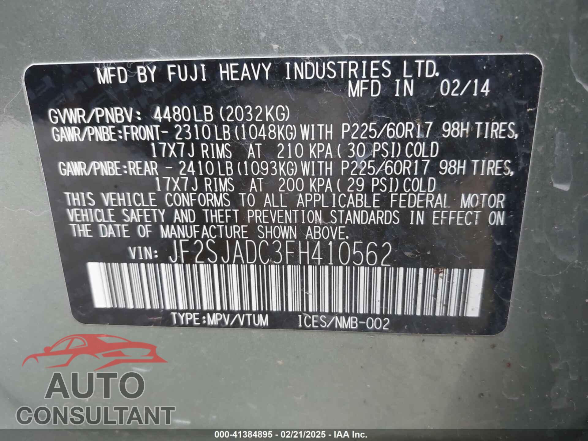 SUBARU FORESTER 2015 - JF2SJADC3FH410562