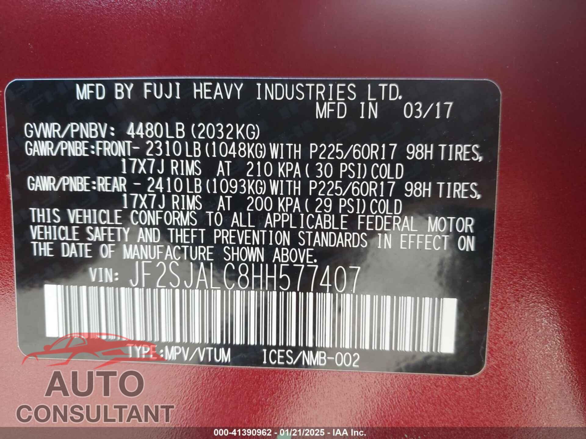 SUBARU FORESTER 2017 - JF2SJALC8HH577407