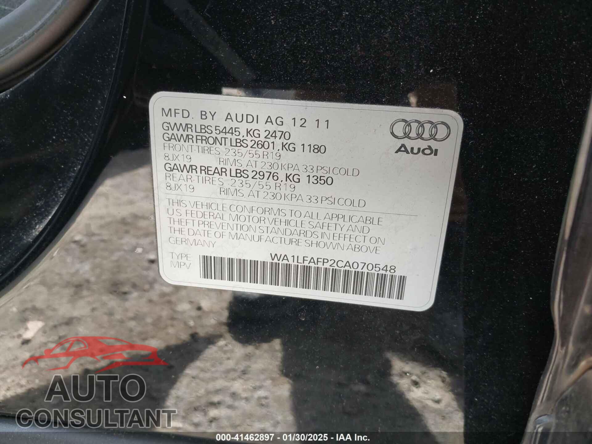 AUDI Q5 2012 - WA1LFAFP2CA070548