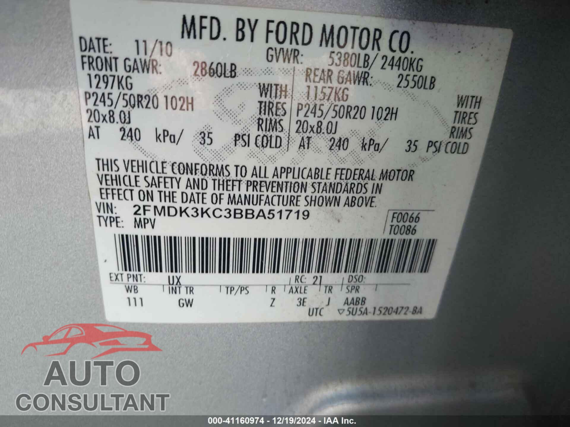 FORD EDGE 2011 - 2FMDK3KC3BBA51719