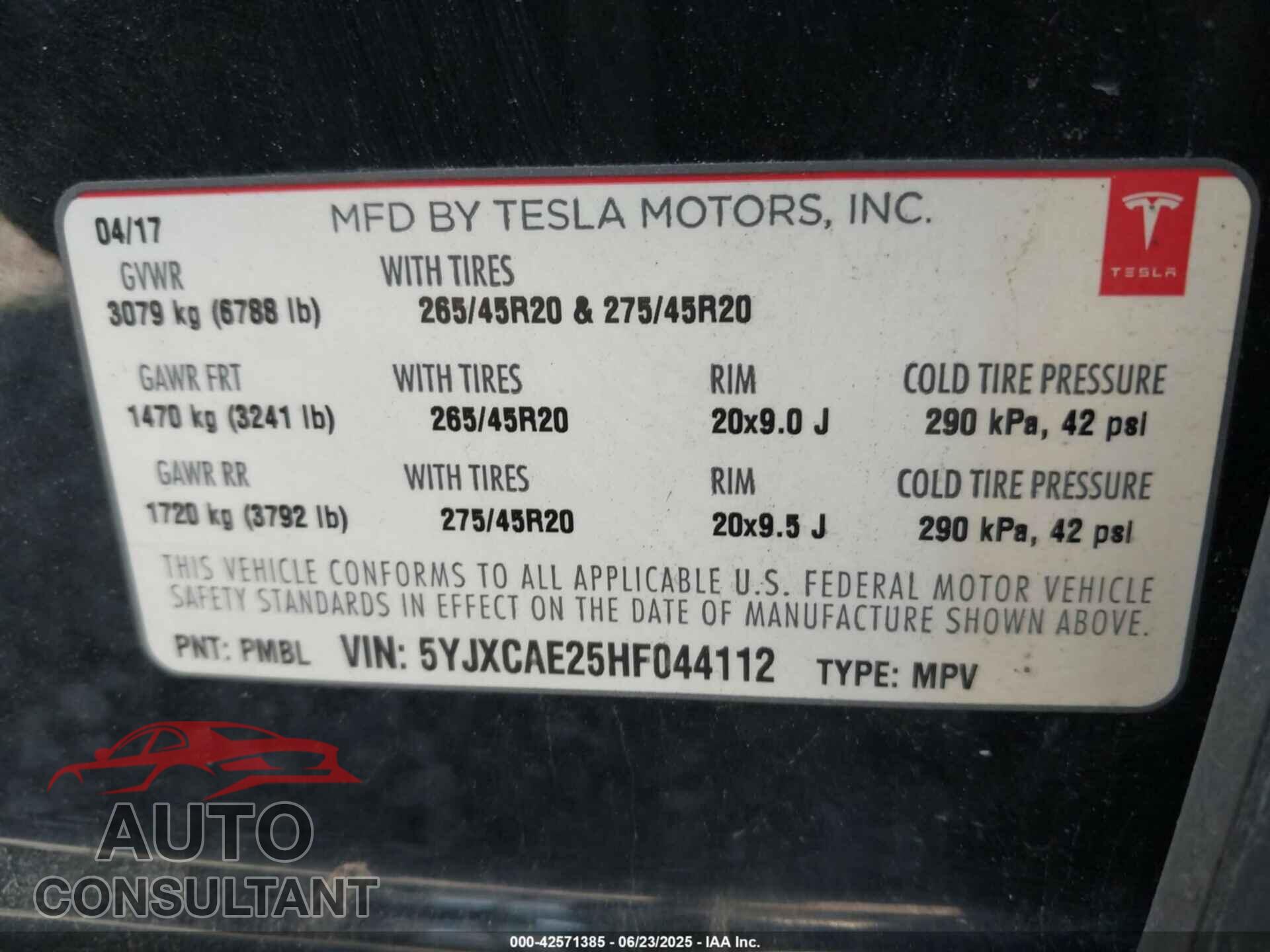TESLA MODEL X 2017 - 5YJXCAE25HF044112