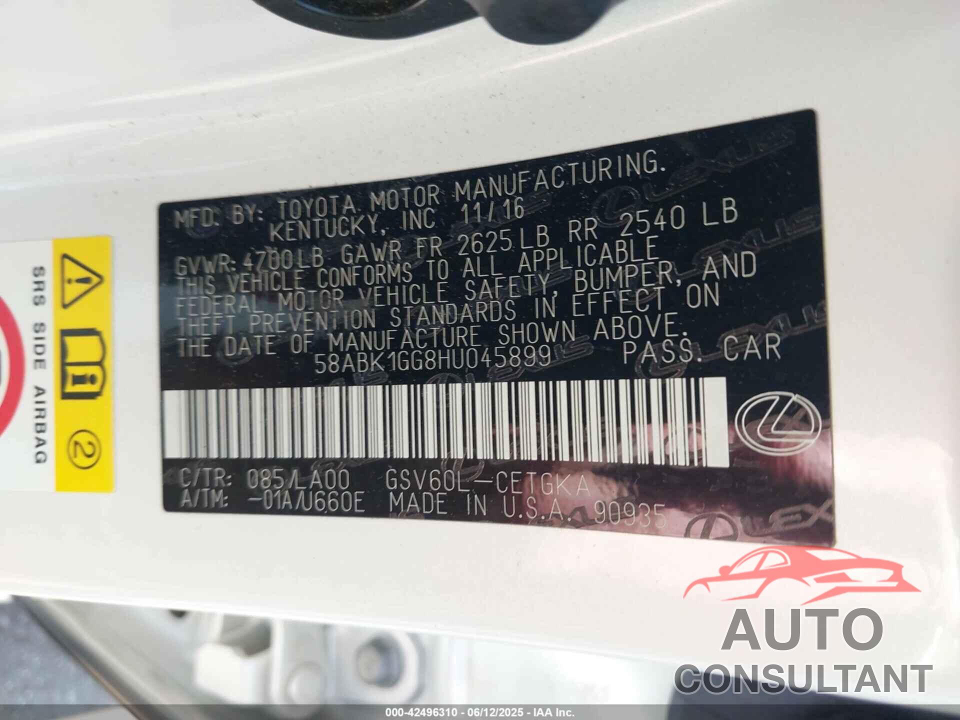 LEXUS ES 350 2017 - 58ABK1GG8HU045899