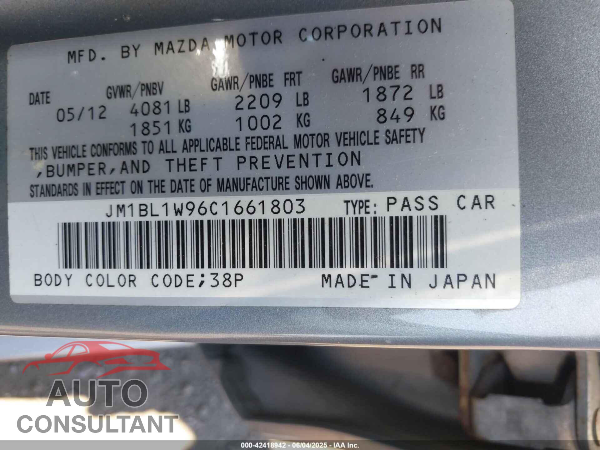 MAZDA MAZDA3 2012 - JM1BL1W96C1661803