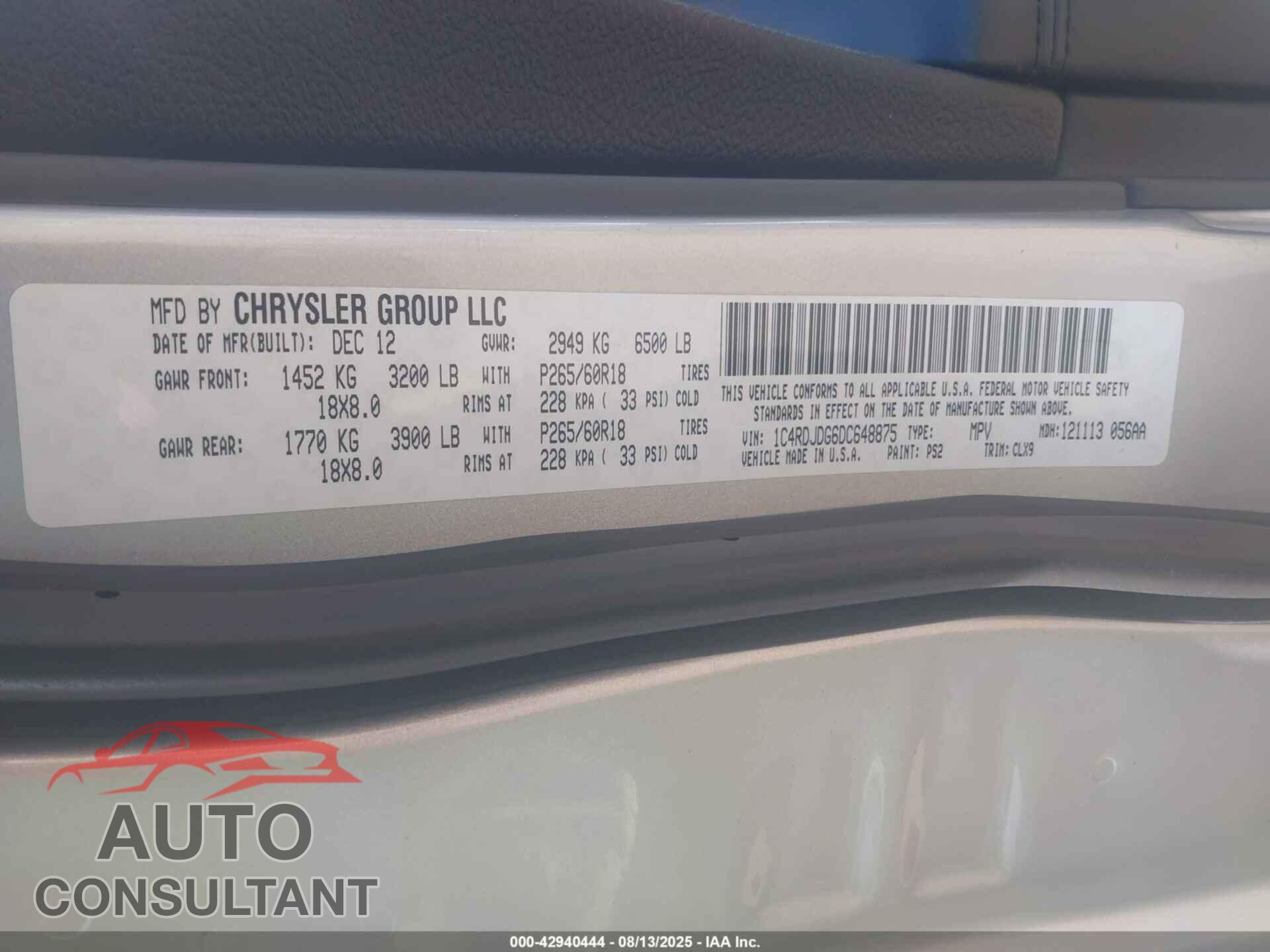 DODGE DURANGO 2013 - 1C4RDJDG6DC648875