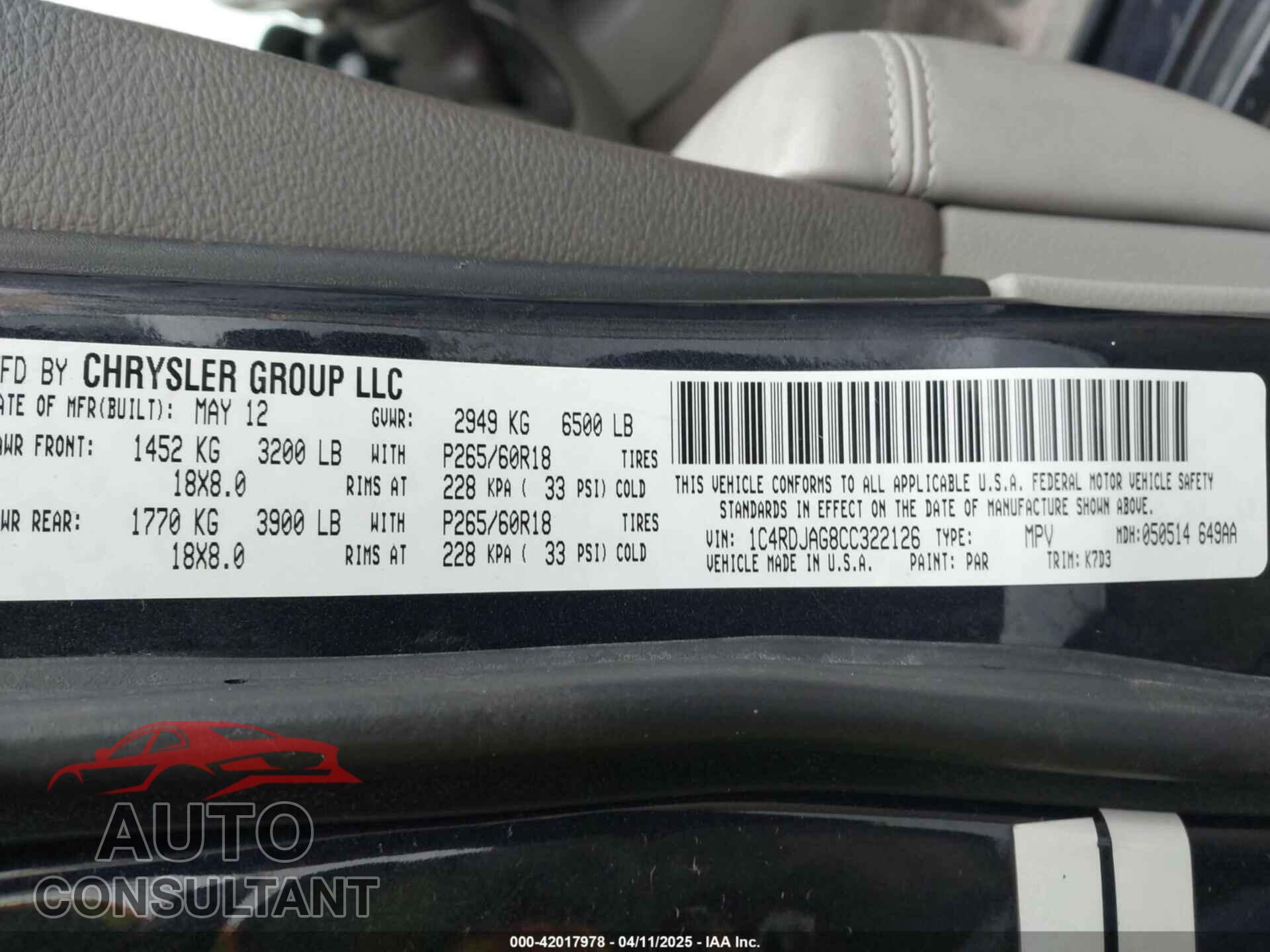 DODGE DURANGO 2012 - 1C4RDJAG8CC322126