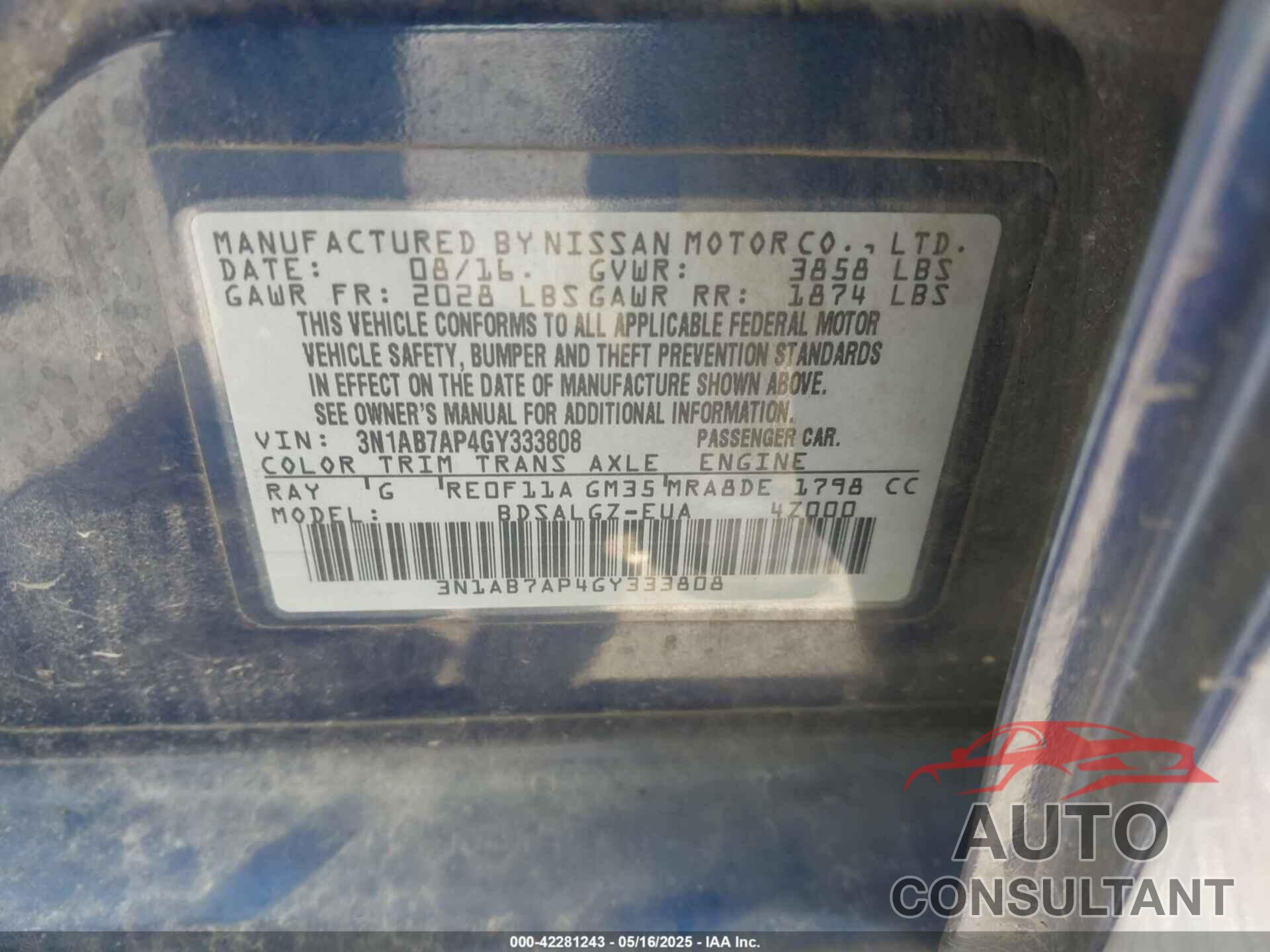 NISSAN SENTRA 2016 - 3N1AB7AP4GY333808