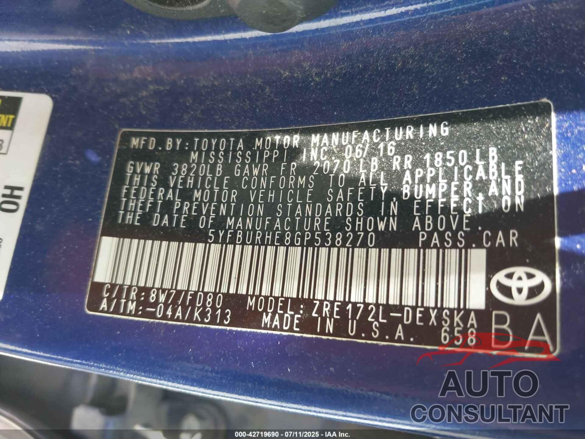 TOYOTA COROLLA 2016 - 5YFBURHE8GP538270