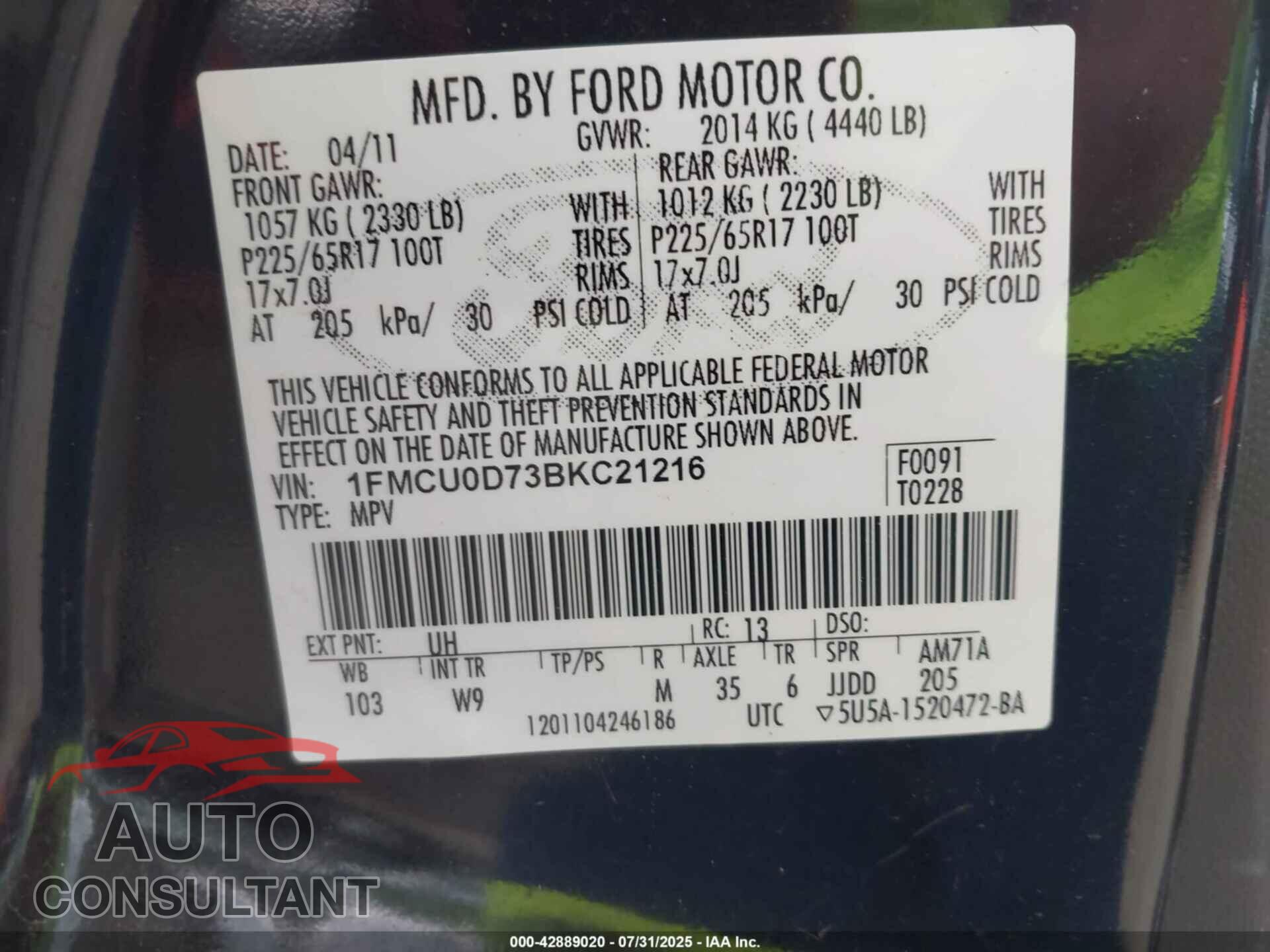 FORD ESCAPE 2011 - 1FMCU0D73BKC21216