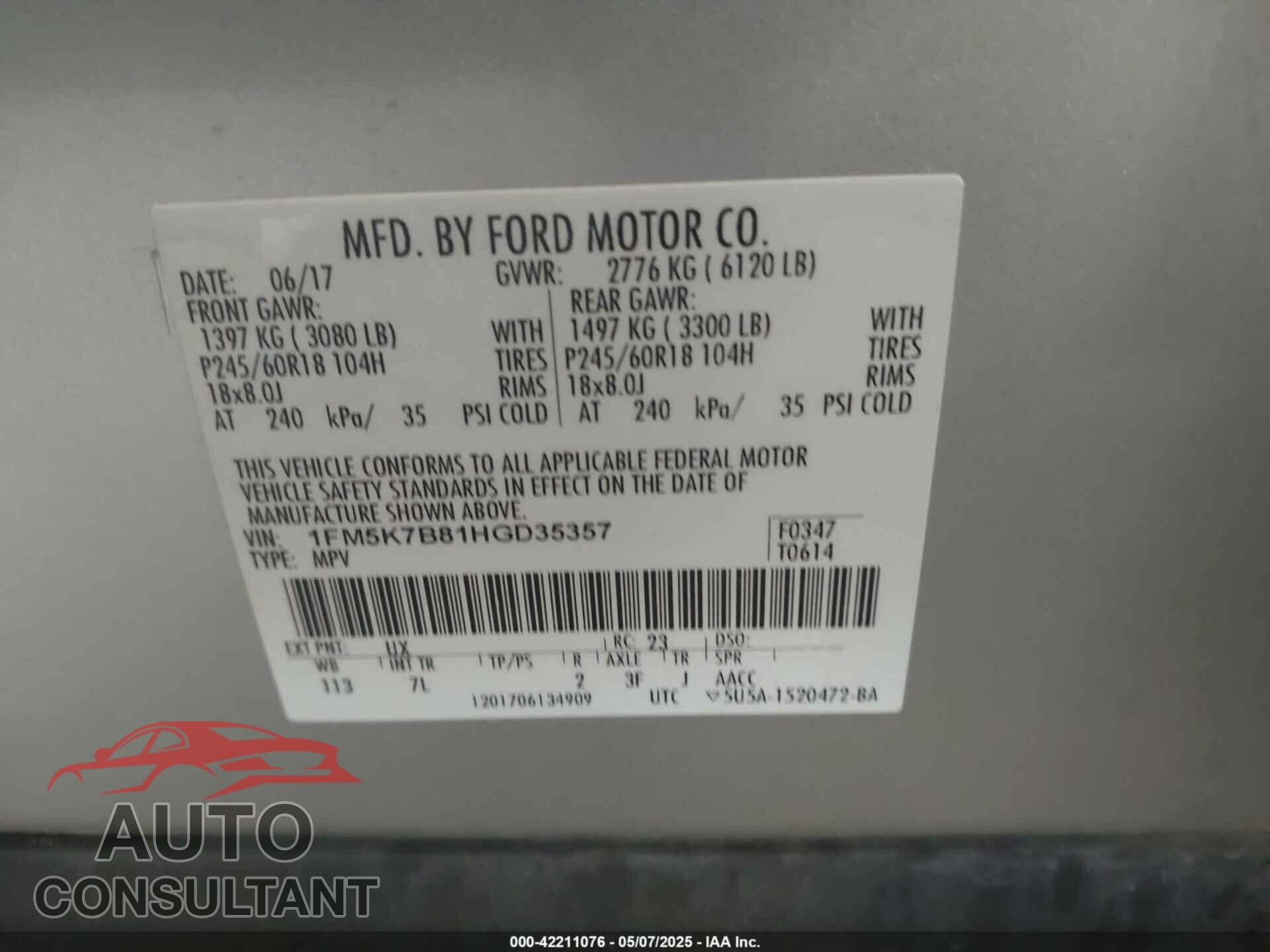 FORD EXPLORER 2017 - 1FM5K7B81HGD35357
