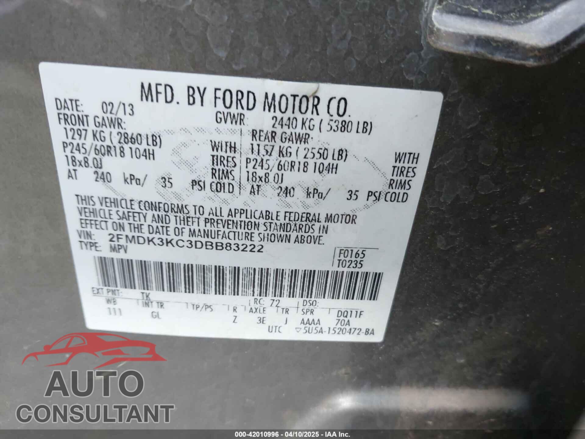 FORD EDGE 2013 - 2FMDK3KC3DBB83222