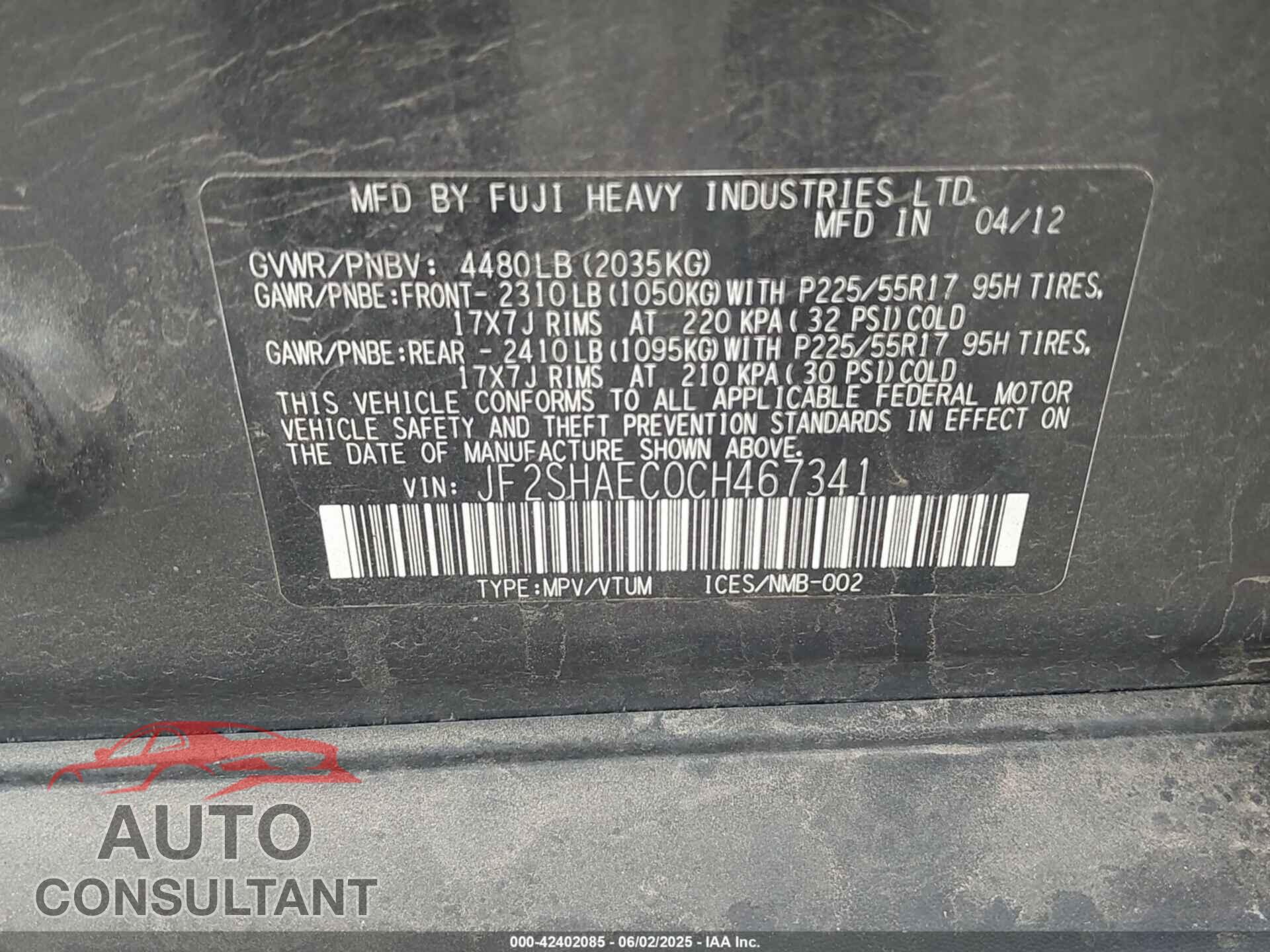 SUBARU FORESTER 2012 - JF2SHAEC0CH467341