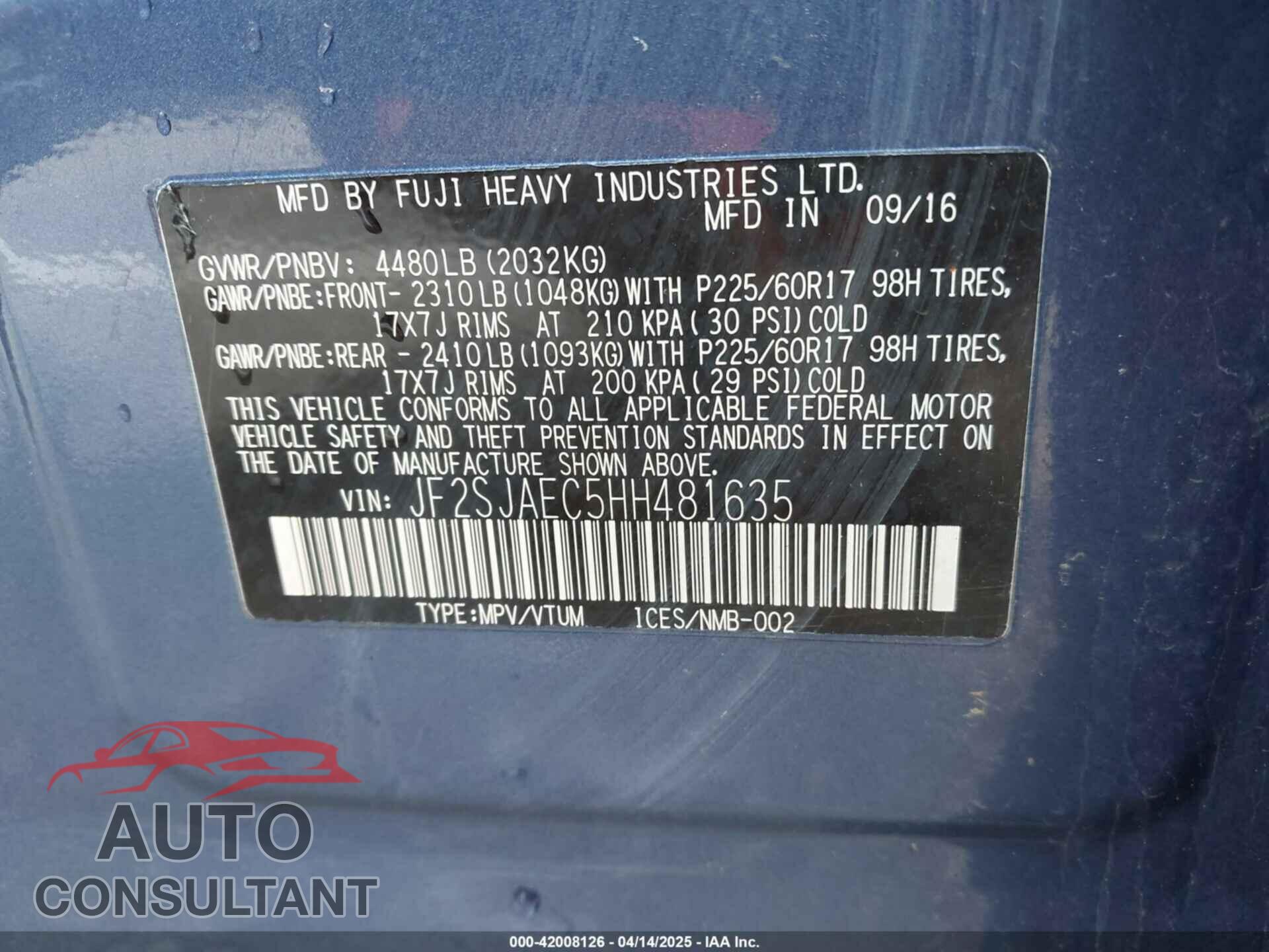 SUBARU FORESTER 2017 - JF2SJAEC5HH481635