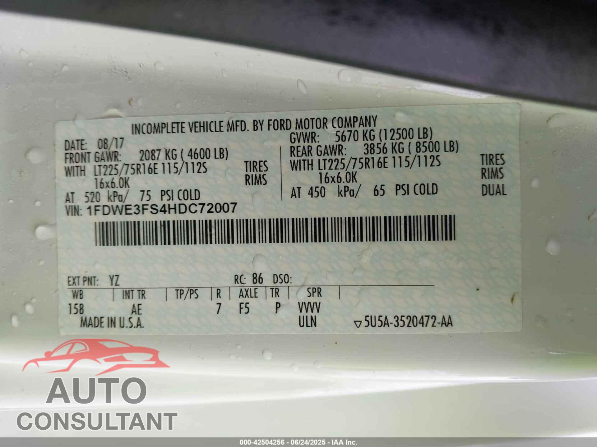 FORD E-350 CUTAWAY 2017 - 1FDWE3FS4HDC72007