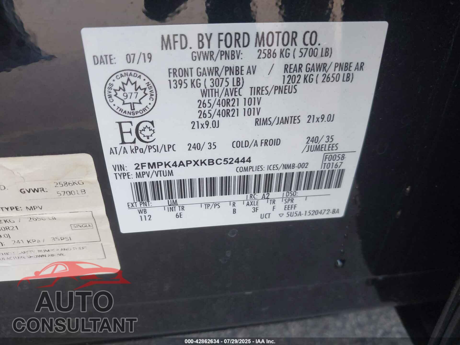 FORD EDGE 2019 - 2FMPK4APXKBC52444