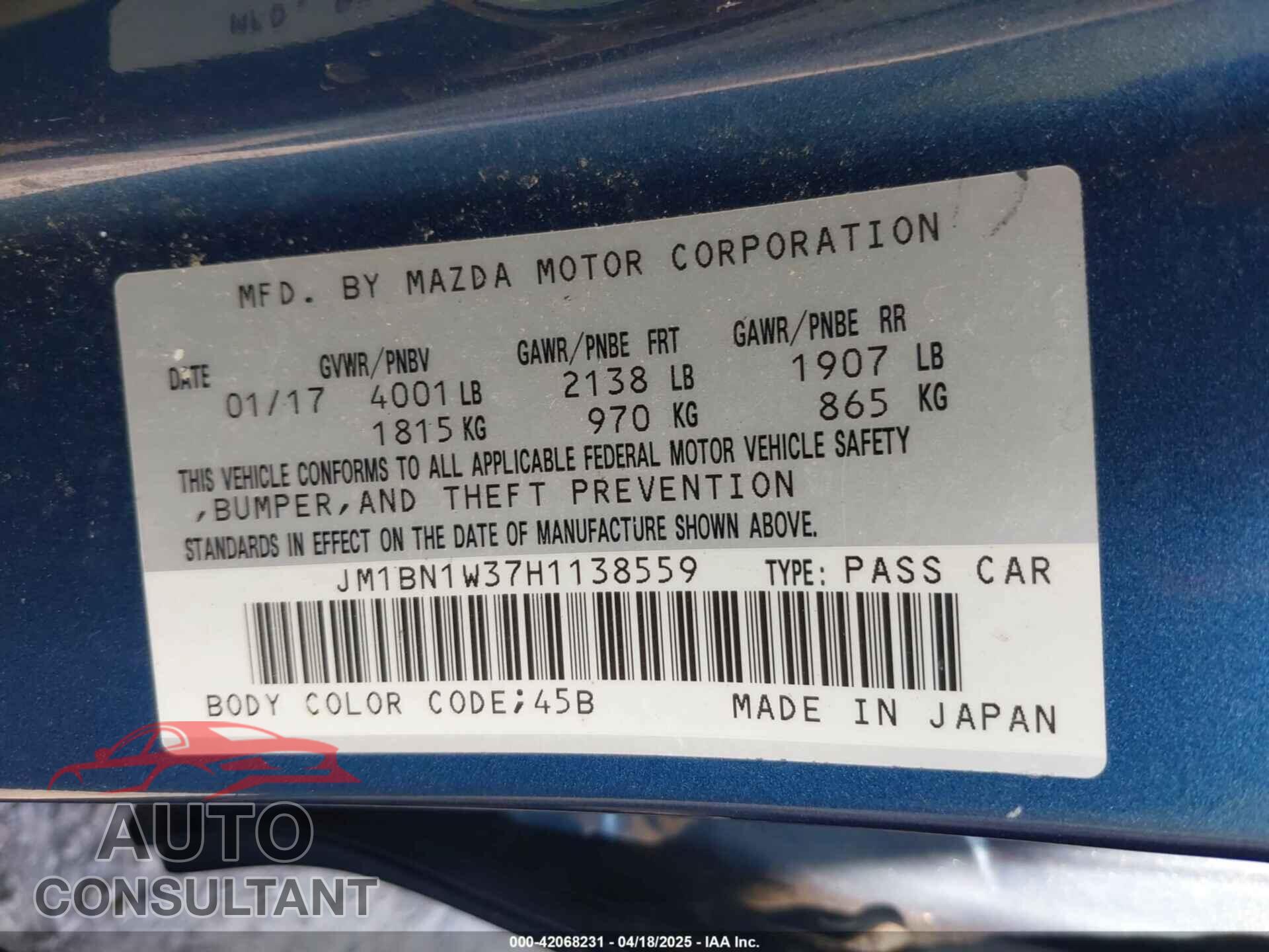 MAZDA MAZDA3 2017 - JM1BN1W37H1138559