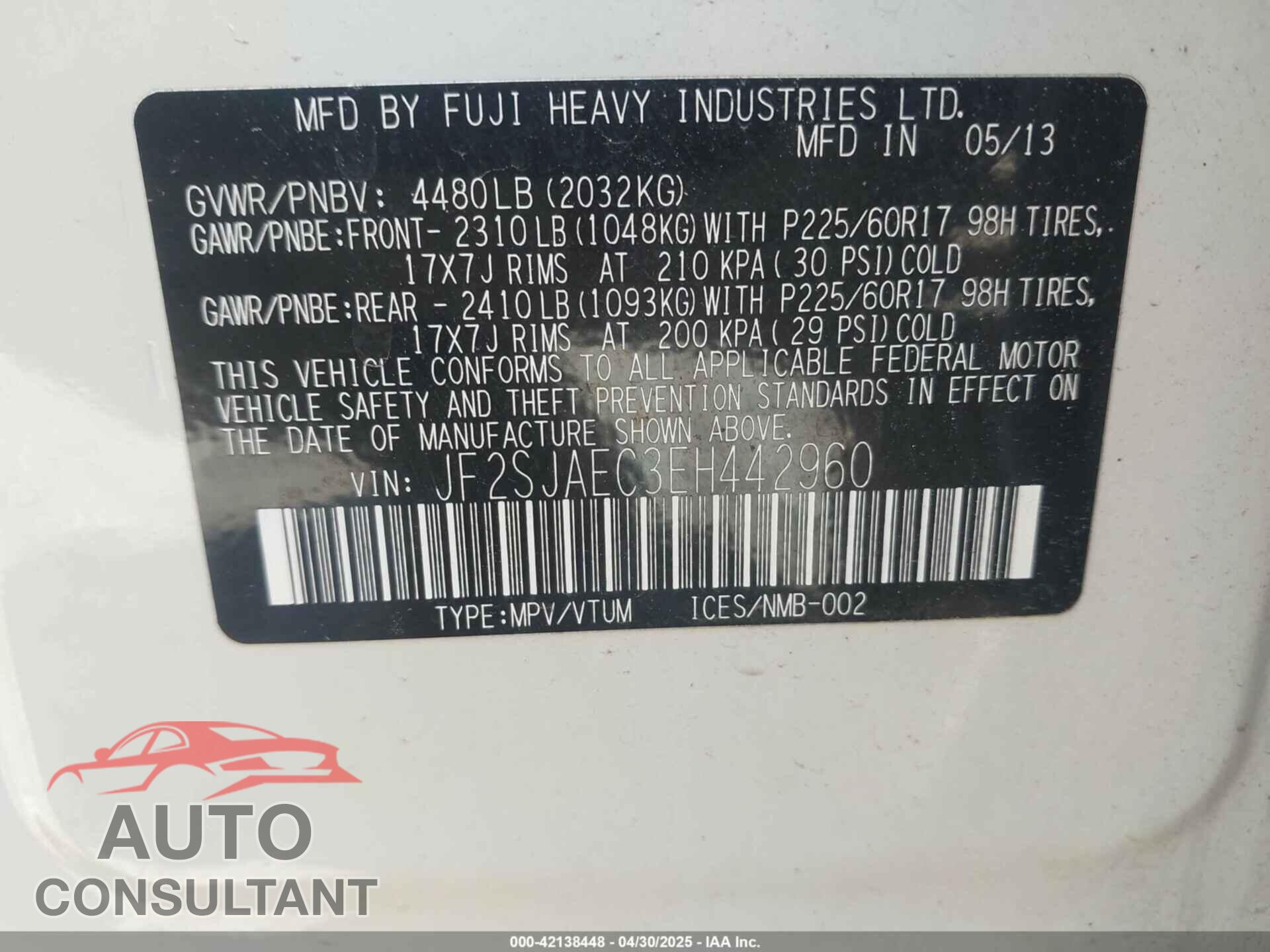 SUBARU FORESTER 2014 - JF2SJAEC3EH442960