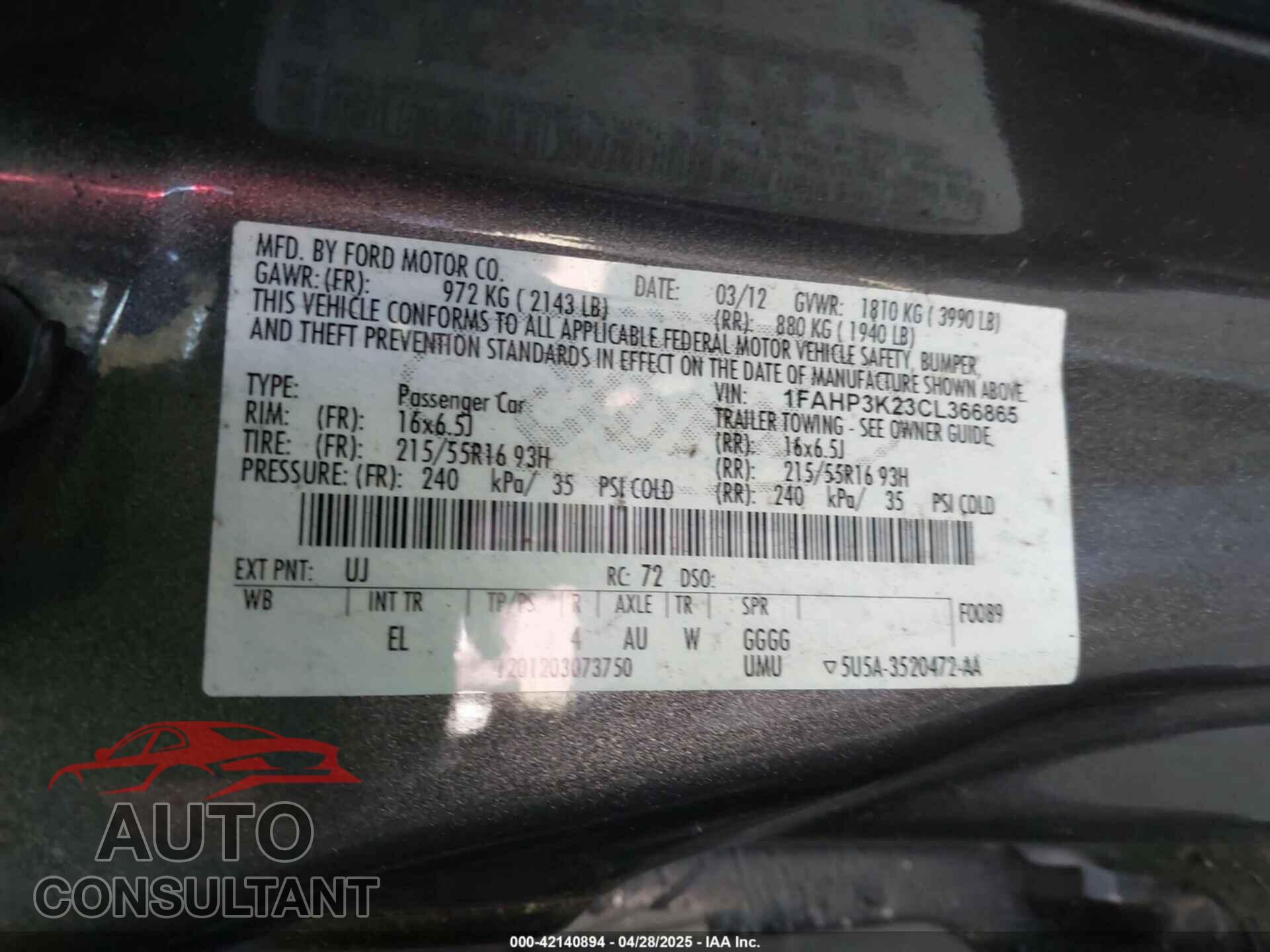 FORD FOCUS 2012 - 1FAHP3K23CL366865