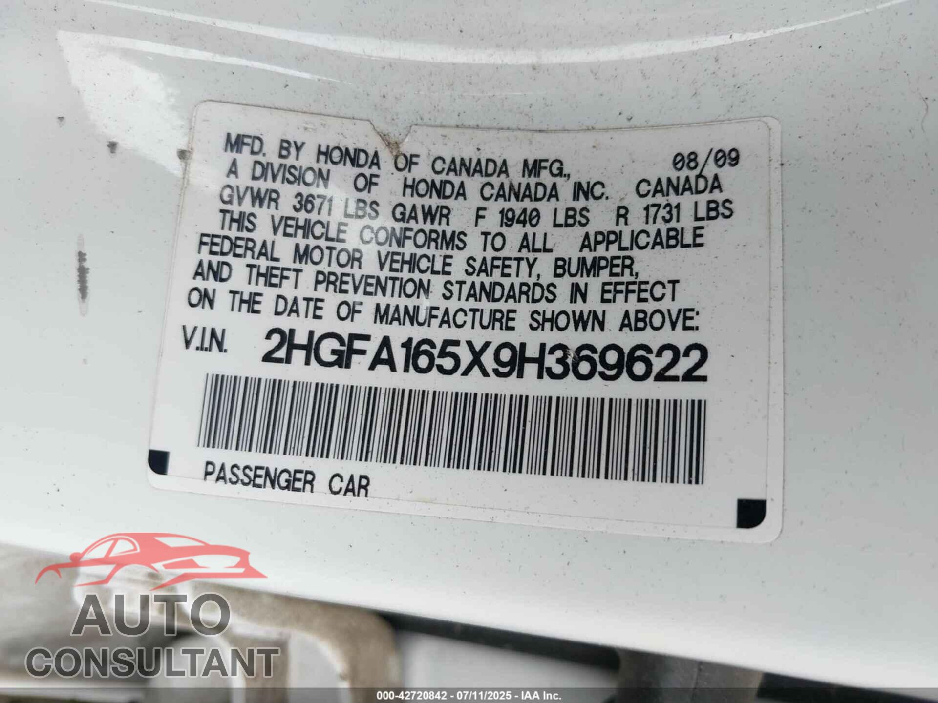 HONDA CIVIC 2009 - 2HGFA165X9H369622