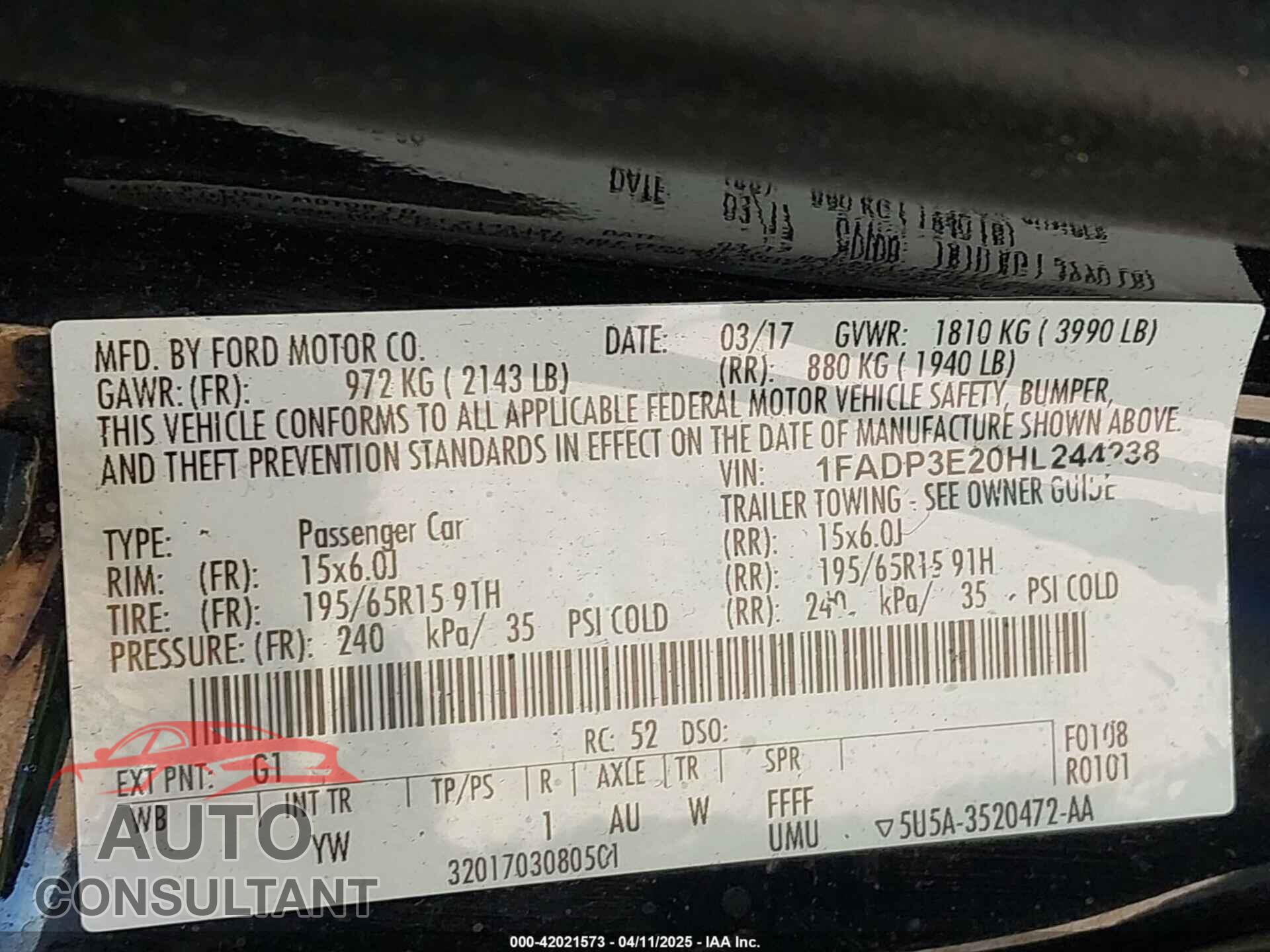 FORD FOCUS 2017 - 1FADP3E20HL244238