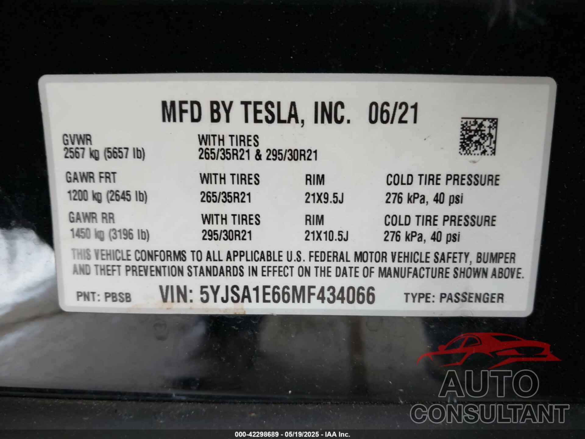 TESLA MODEL S 2021 - 5YJSA1E66MF434066