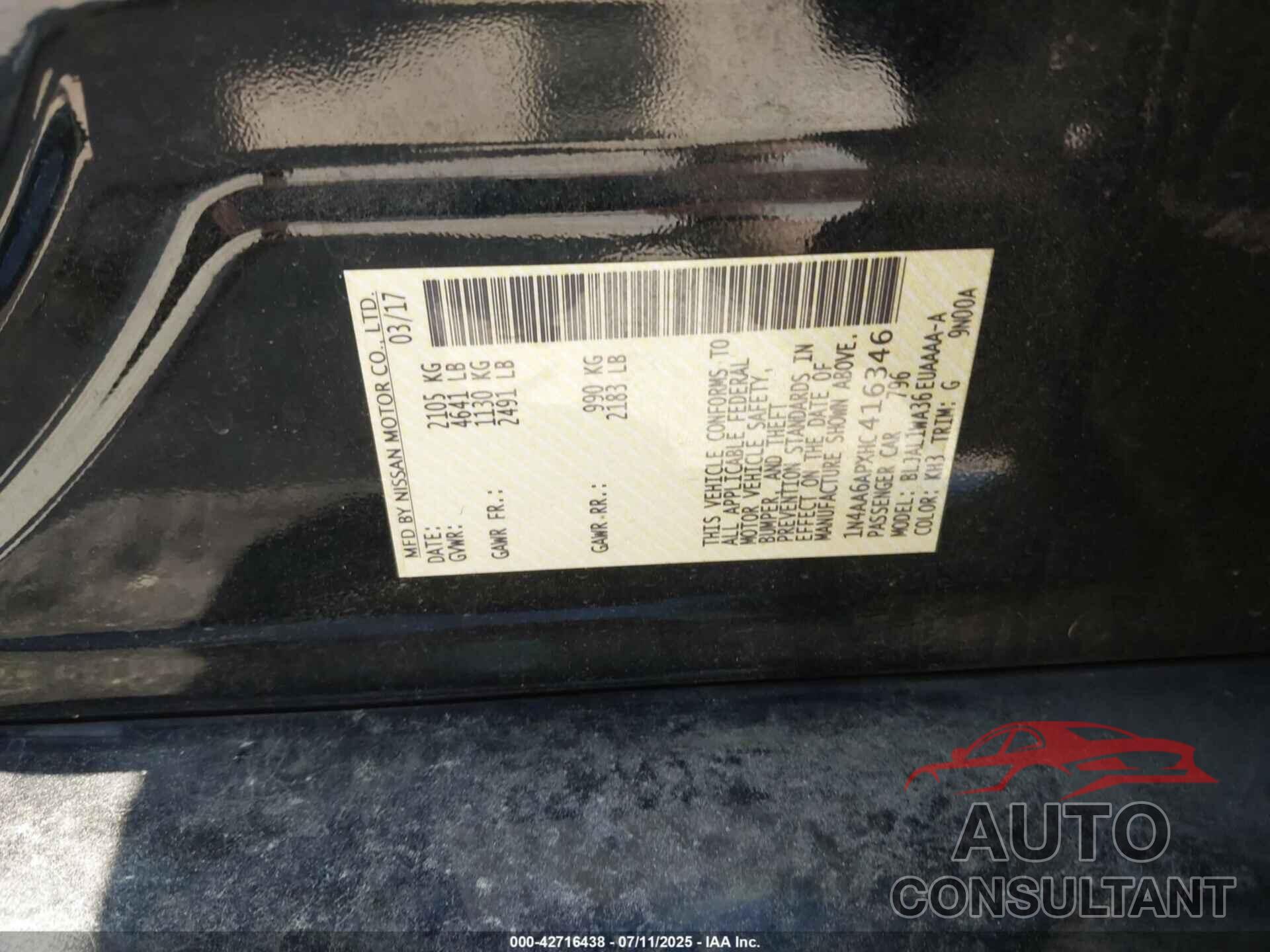NISSAN MAXIMA 2017 - 1N4AA6APXHC416346