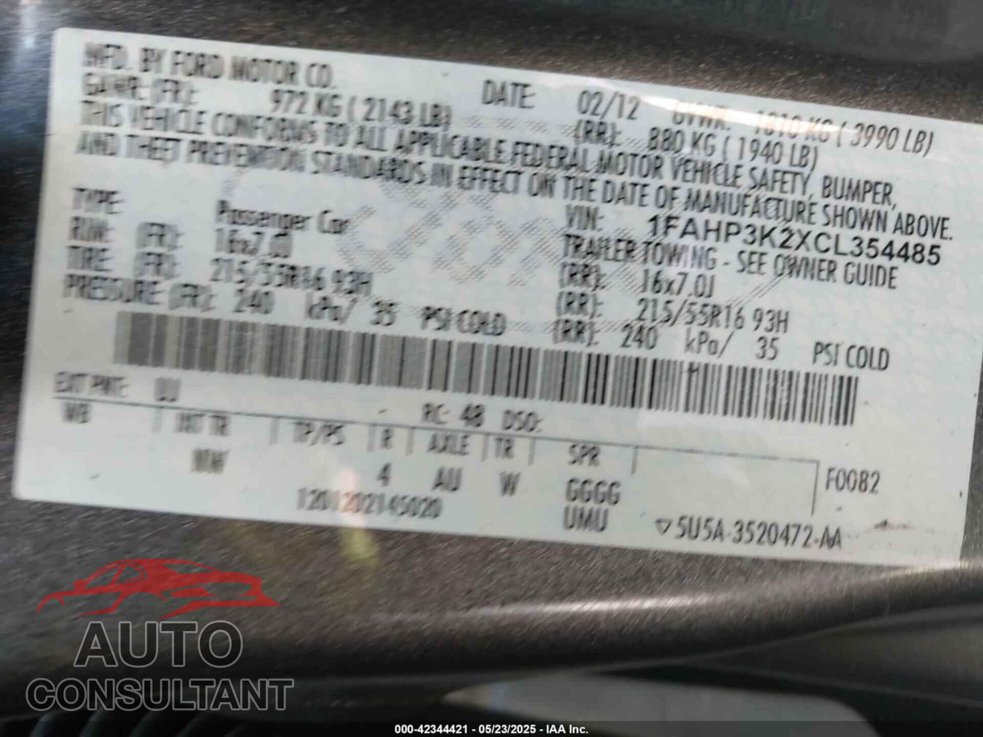 FORD FOCUS 2012 - 1FAHP3K2XCL354485