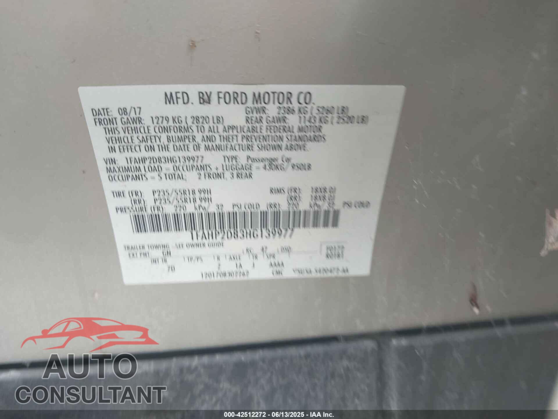 FORD TAURUS 2017 - 1FAHP2D83HG139977