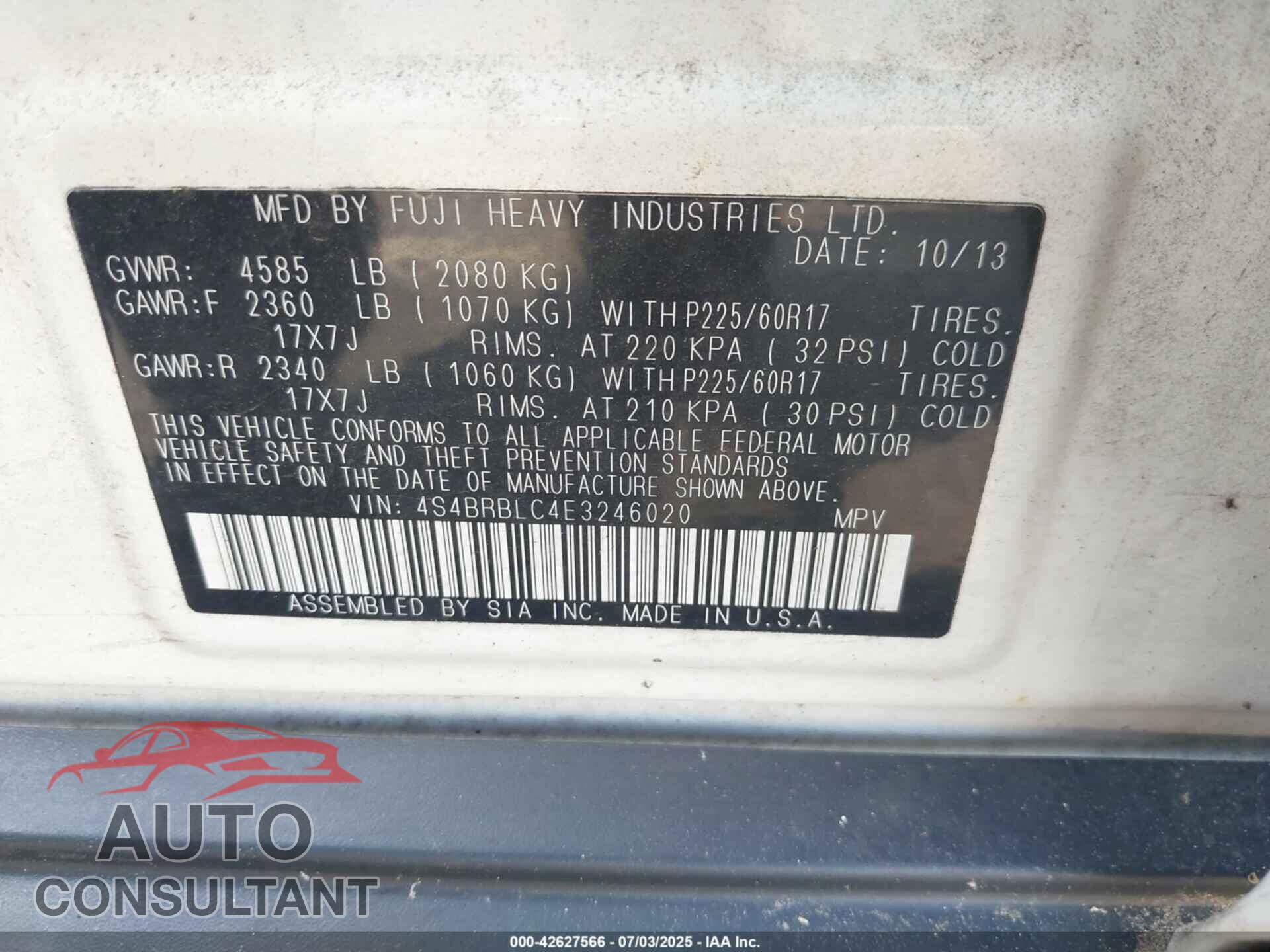 SUBARU OUTBACK 2014 - 4S4BRBLC4E3246020