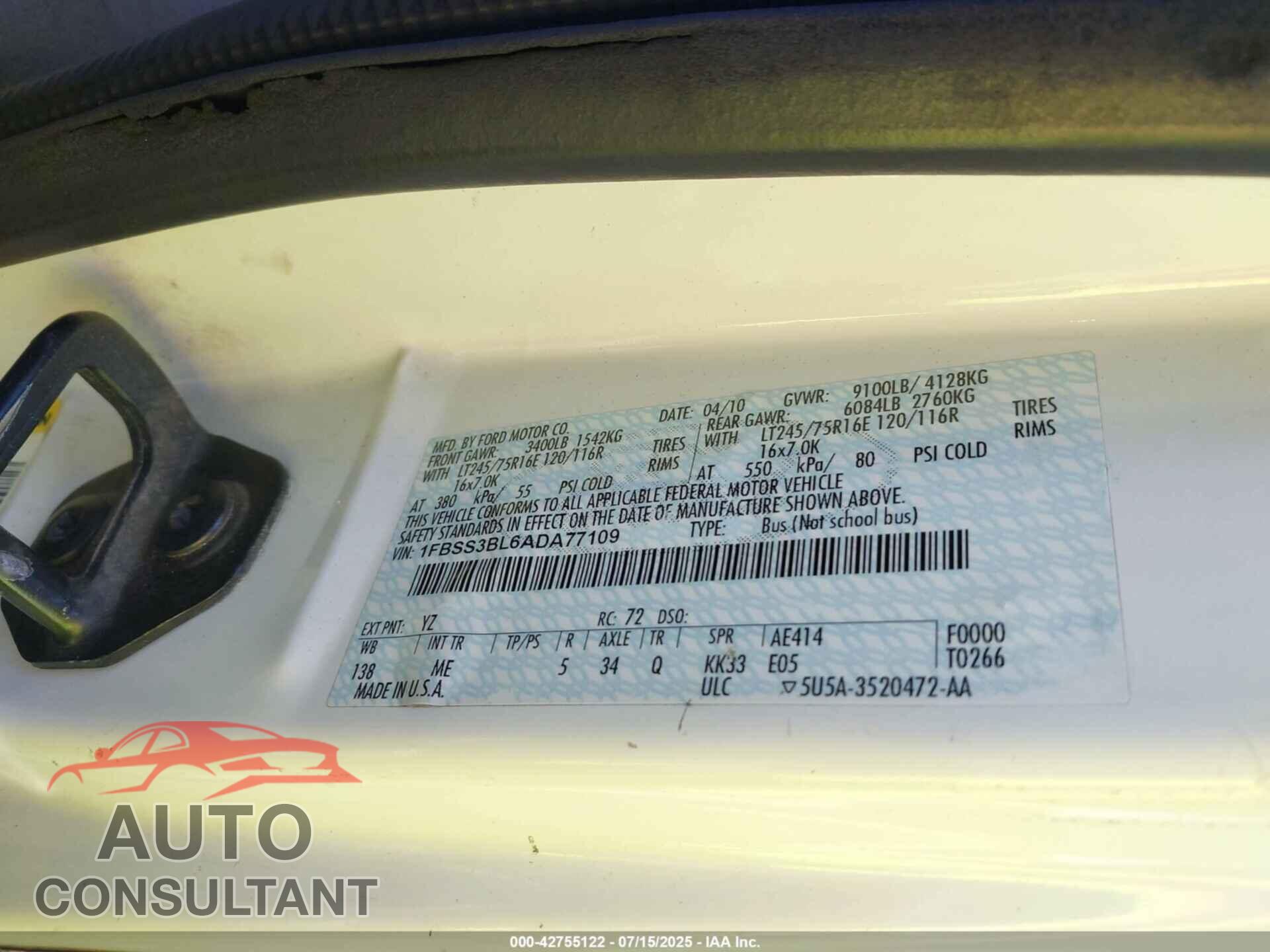 FORD E-350 SUPER DUTY 2010 - 1FBSS3BL6ADA77109
