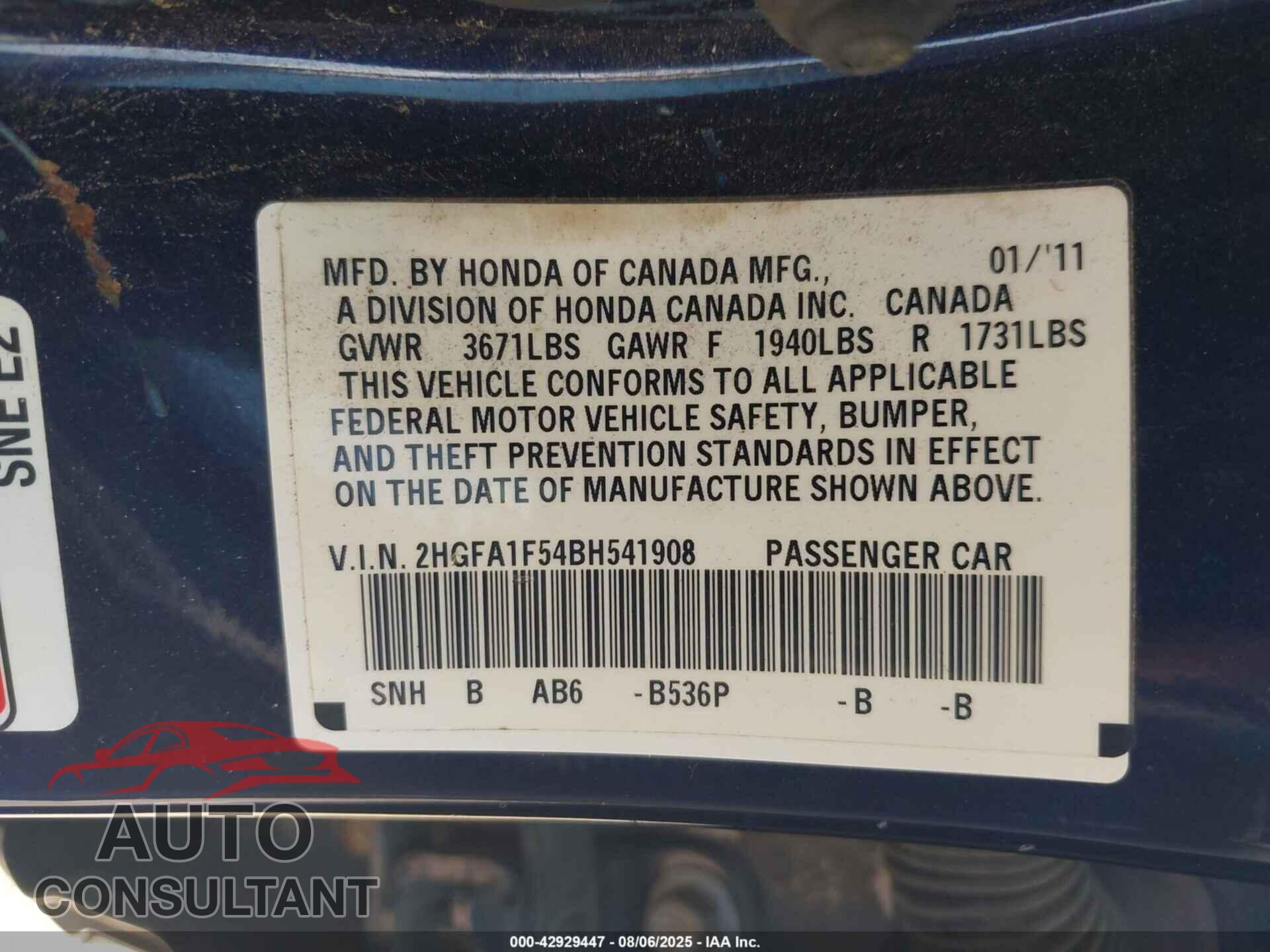 HONDA CIVIC 2011 - 2HGFA1F54BH541908
