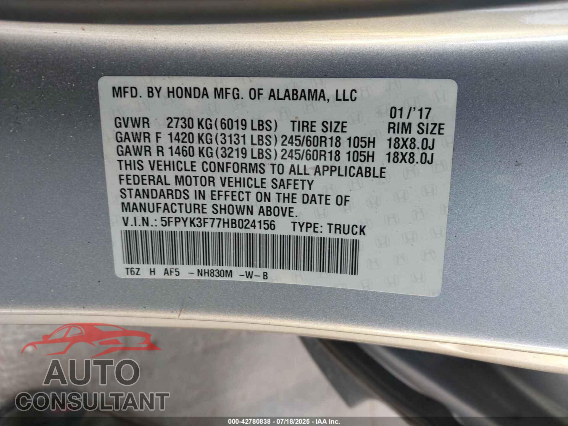 HONDA RIDGELINE 2017 - 5FPYK3F77HB024156