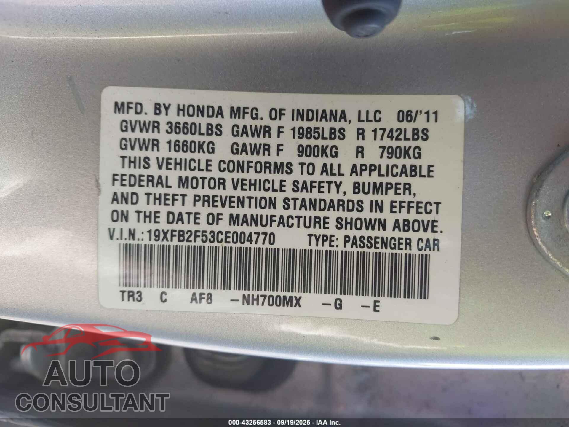 HONDA CIVIC 2012 - 19XFB2F53CE004770