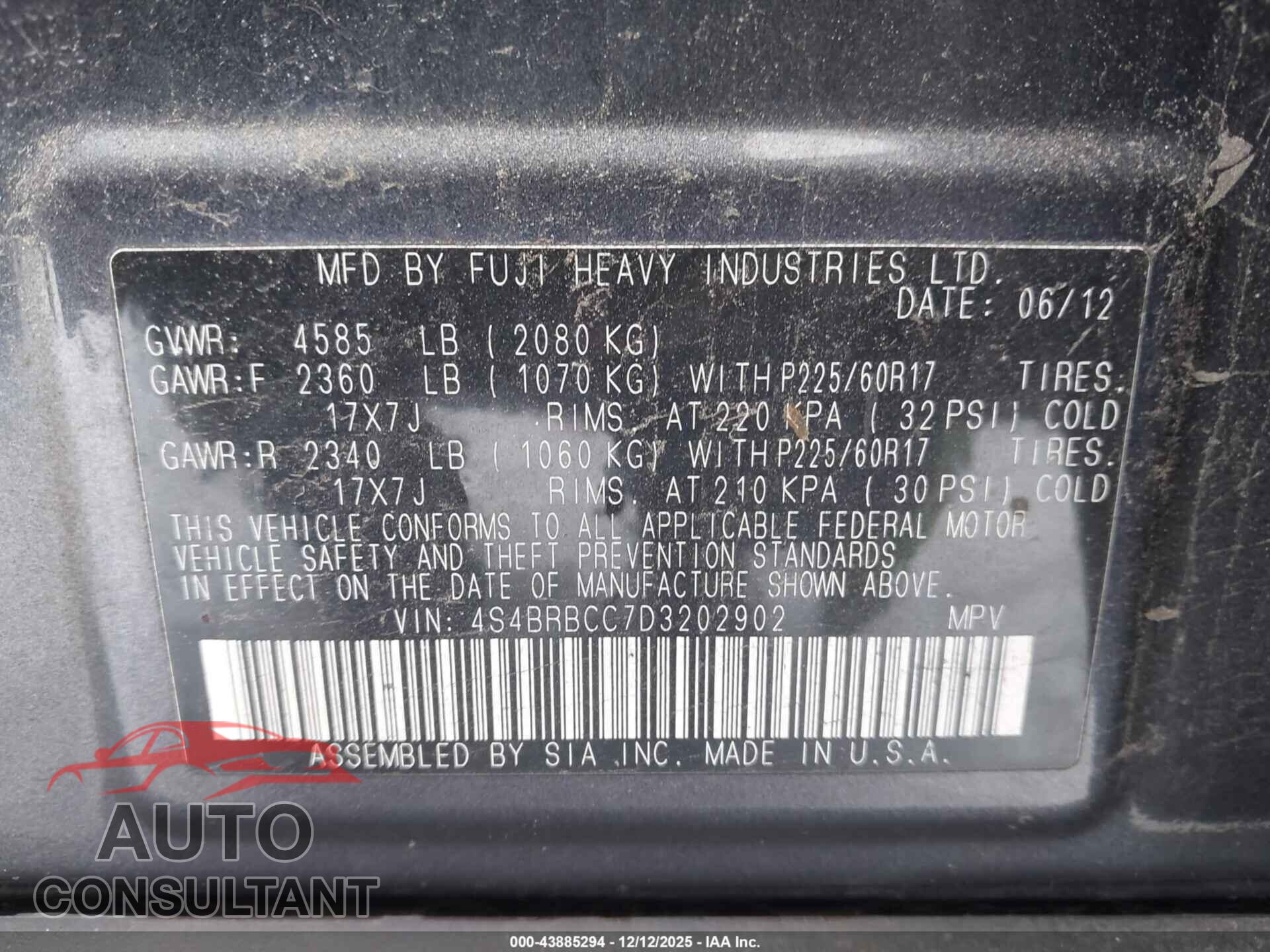 SUBARU OUTBACK 2013 - 4S4BRBCC7D3202902