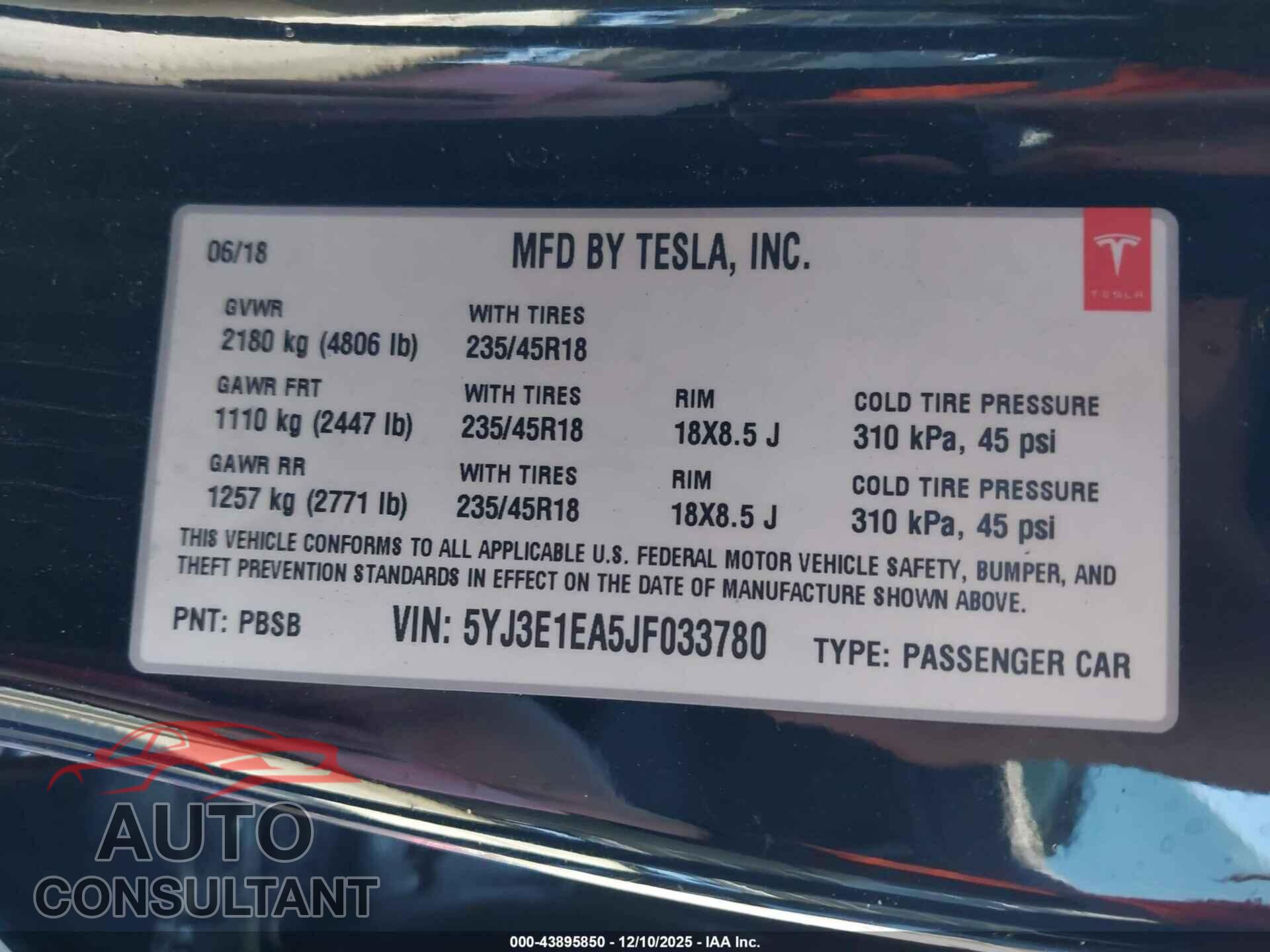 TESLA MODEL 3 2018 - 5YJ3E1EA5JF033780