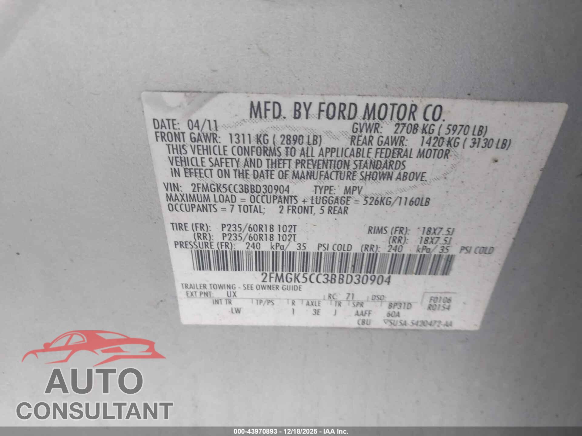 FORD FLEX 2011 - 2FMGK5CC3BBD30904