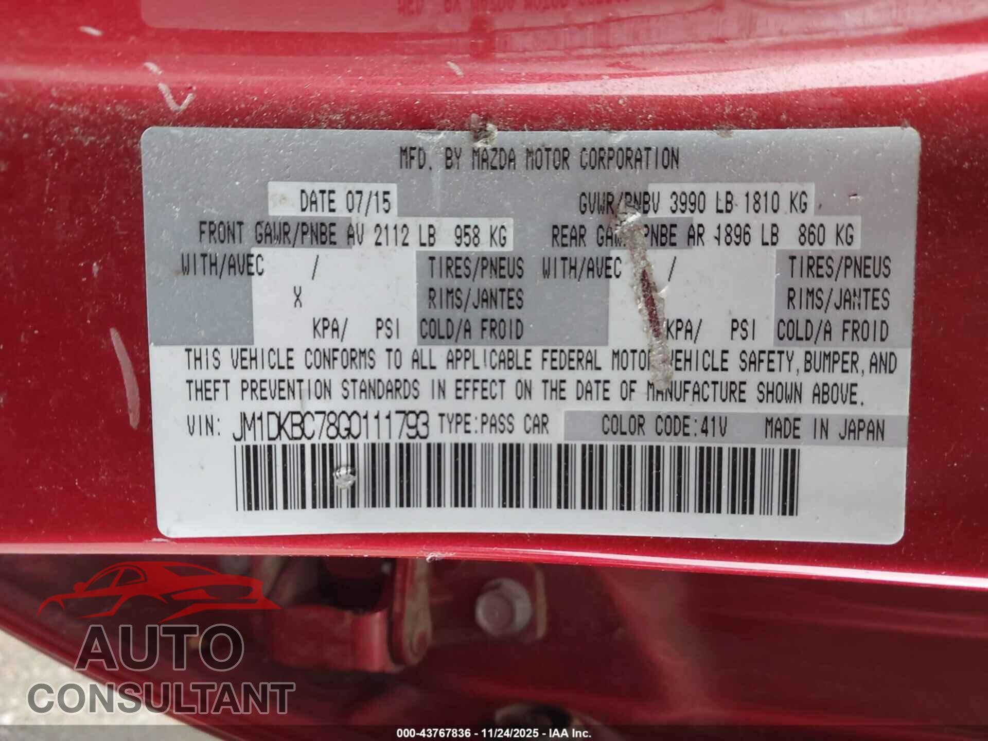 MAZDA CX-3 2016 - JM1DKBC78G0111793