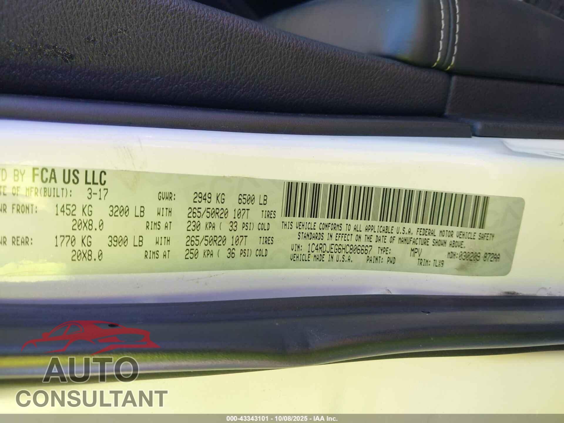 DODGE DURANGO 2017 - 1C4RDJEG6HC806667