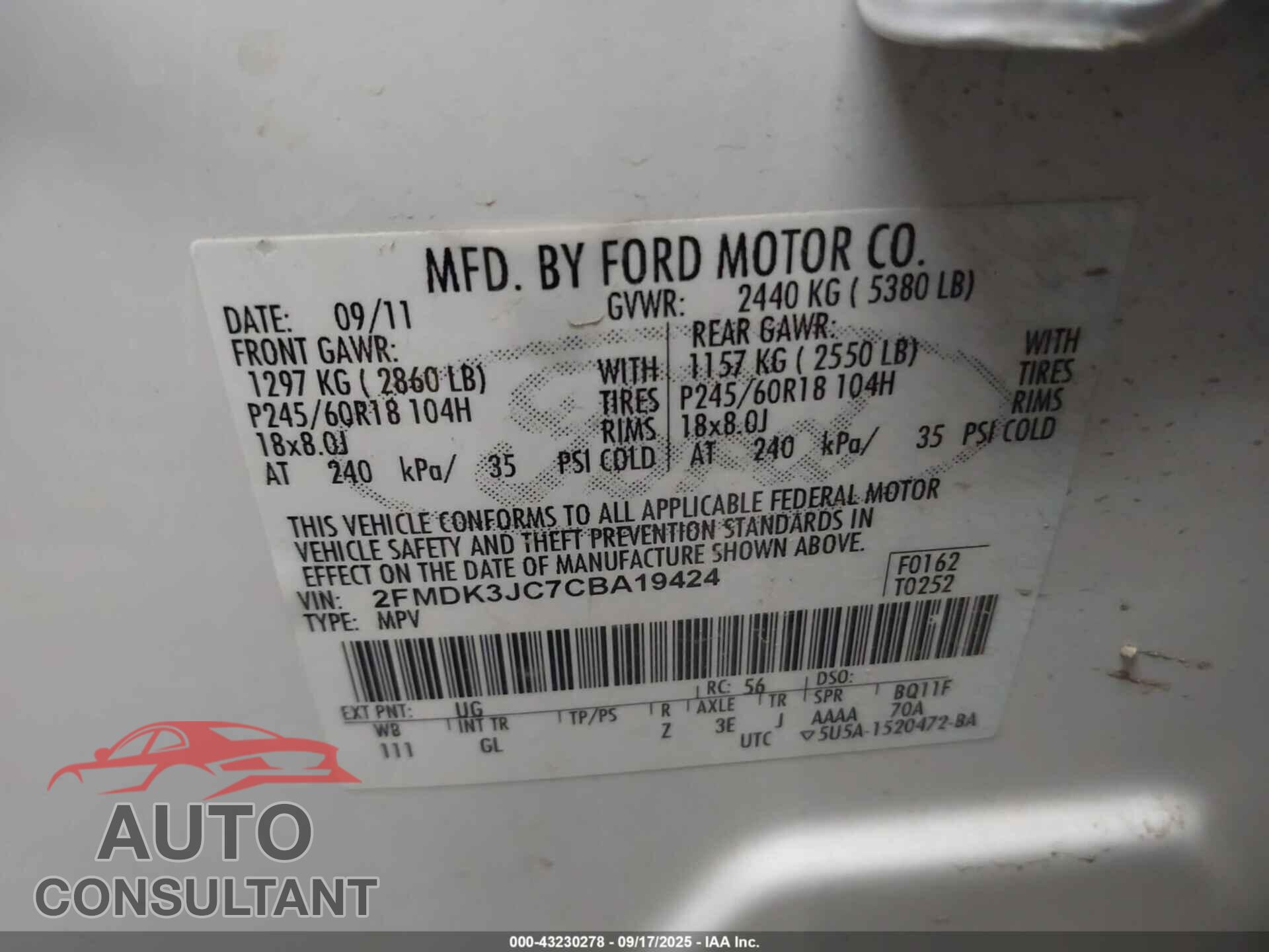 FORD EDGE 2012 - 2FMDK3JC7CBA19424