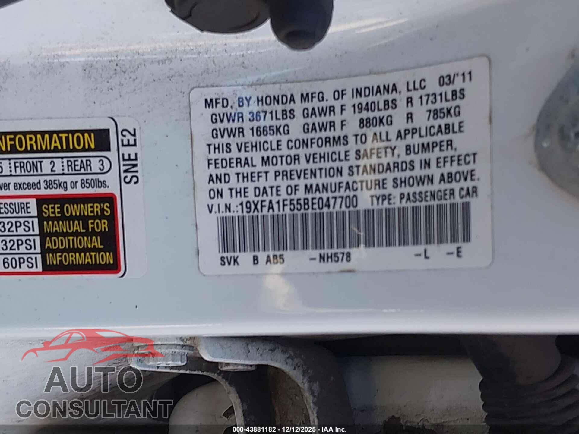 HONDA CIVIC 2011 - 19XFA1F55BE047700